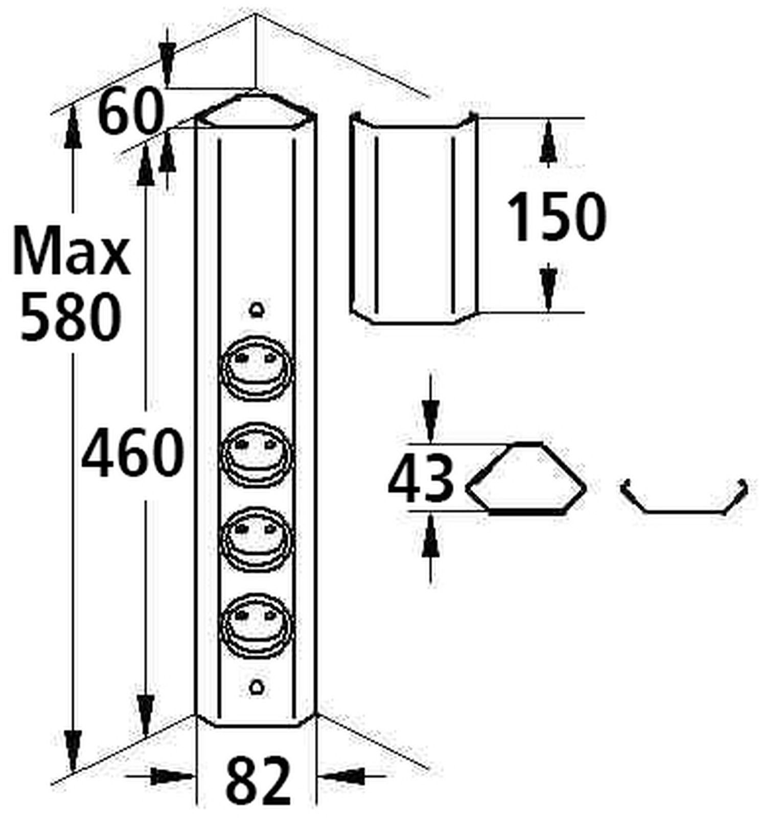 Thebo Ecksteckdose Boda 4-fach Küchensteckdose Steckdosenleiste 46-58cm Mehrfachsteckdose (Kabellänge 2.00 m)