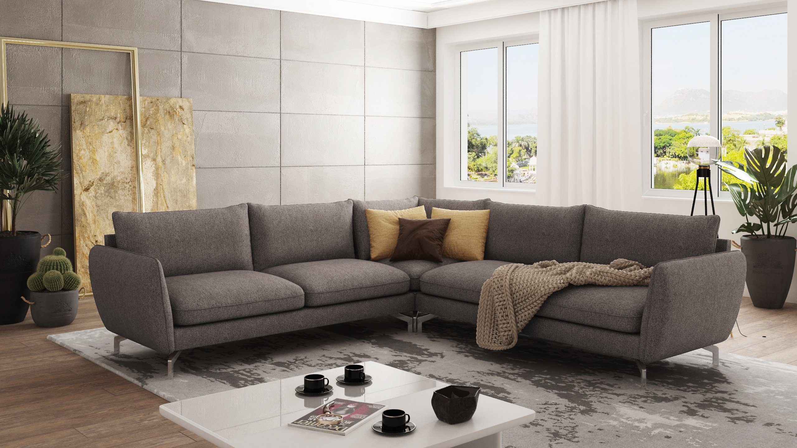 S-Style Möbel Ecksofa Modernes Benita mit Silber Metall Füßen, mane links oder rechts bestellbar, mit Wellenfederung Braun - Khaki