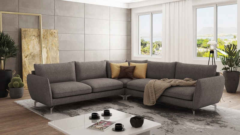 S-Style Möbel Ecksofa Modernes Benita mit Silber Metall Füßen, Ottomane links oder rechts bestellbar, mit Wellenfederung