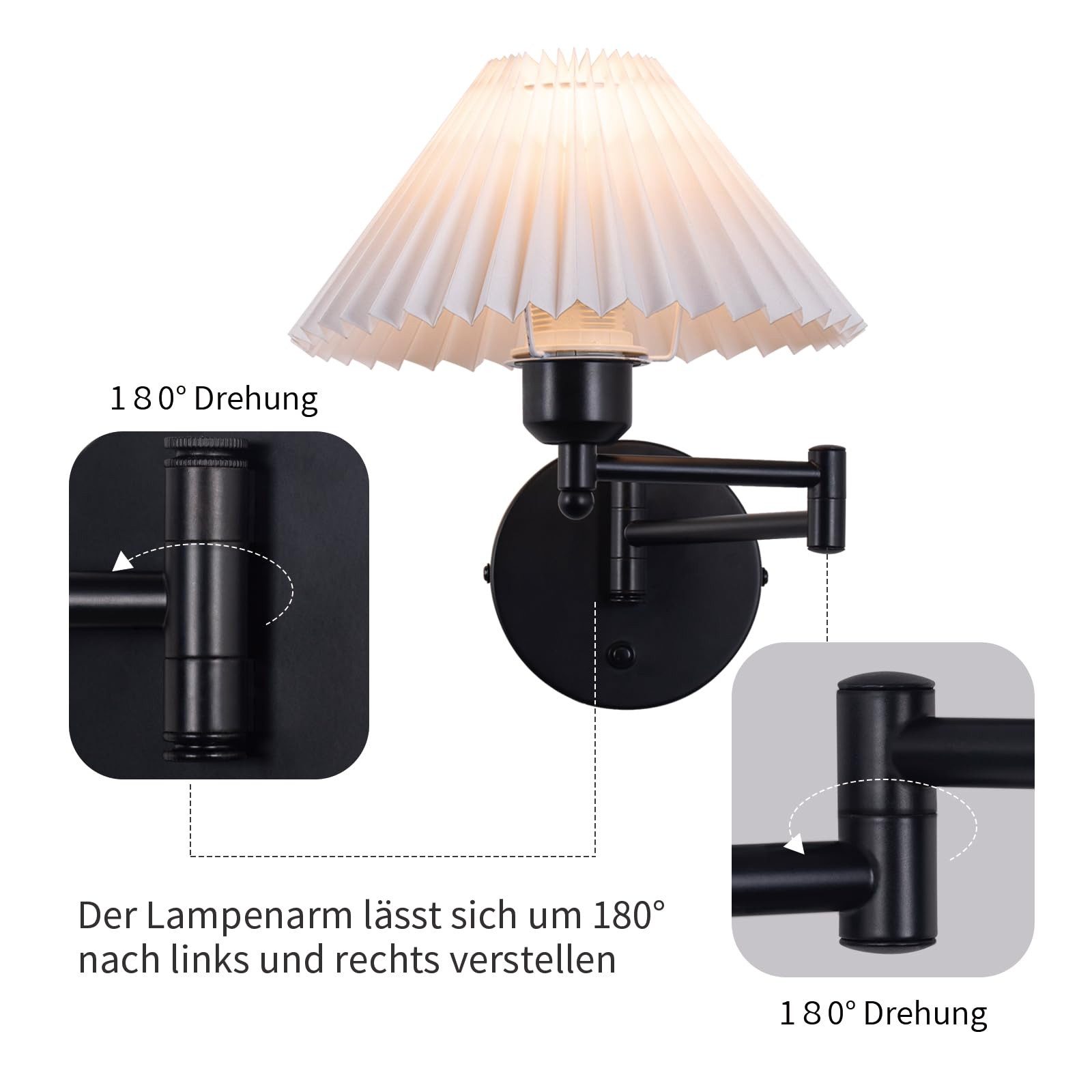 Nettlife Wandleuchte Innen Vintage E27 Weiß Stoff Retro Schwenkbar 40W Lampenschirm, Schwenkbar, ohne Leuchtmittel, Wandbeleuchtung Flurlampe Wandlampe – Bild 5 von 5