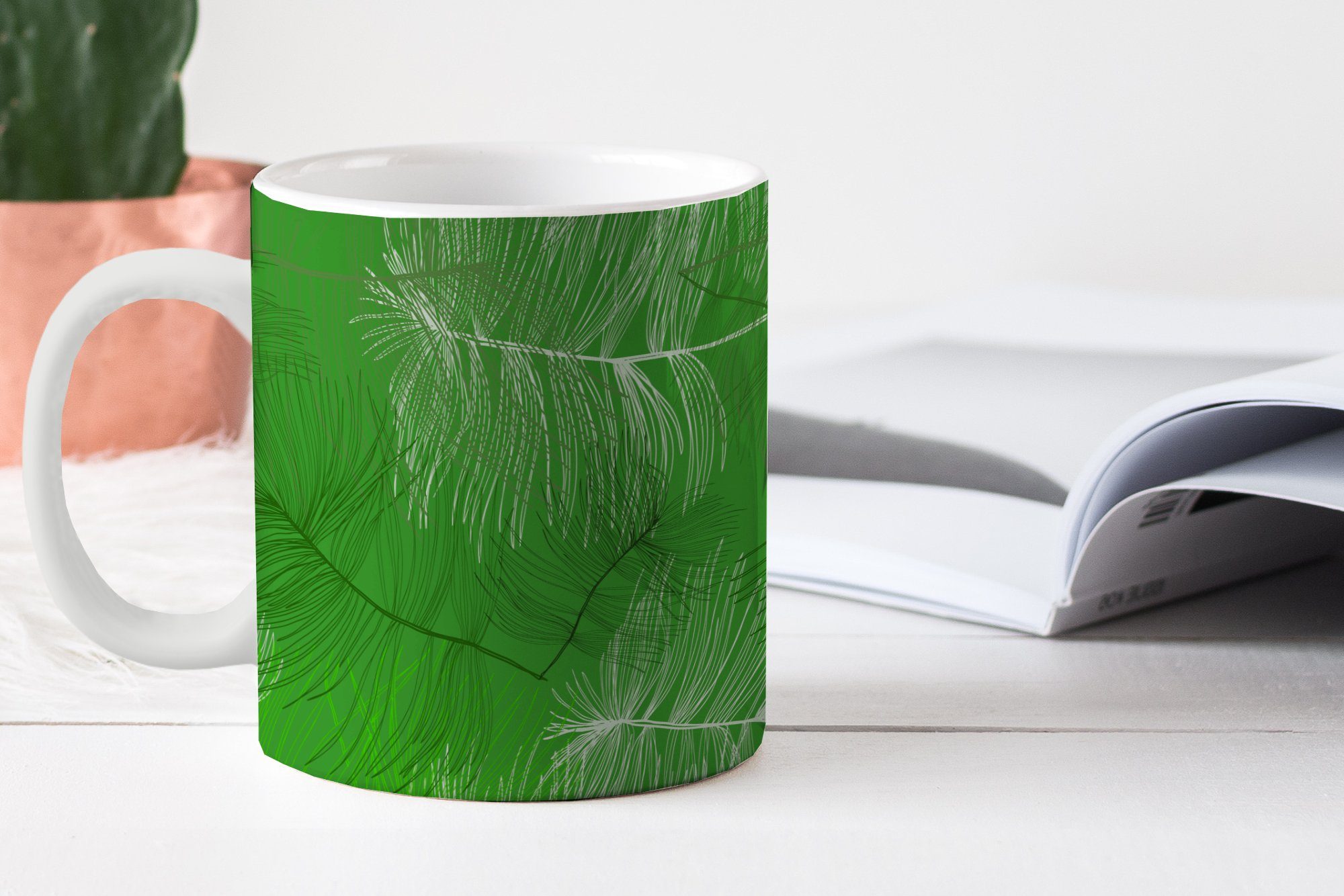 Becher, Keramik, MuchoWow Teetasse, Tasse Teetasse, Geschenk - - Kaffeetassen, Grün, Muster Blätter