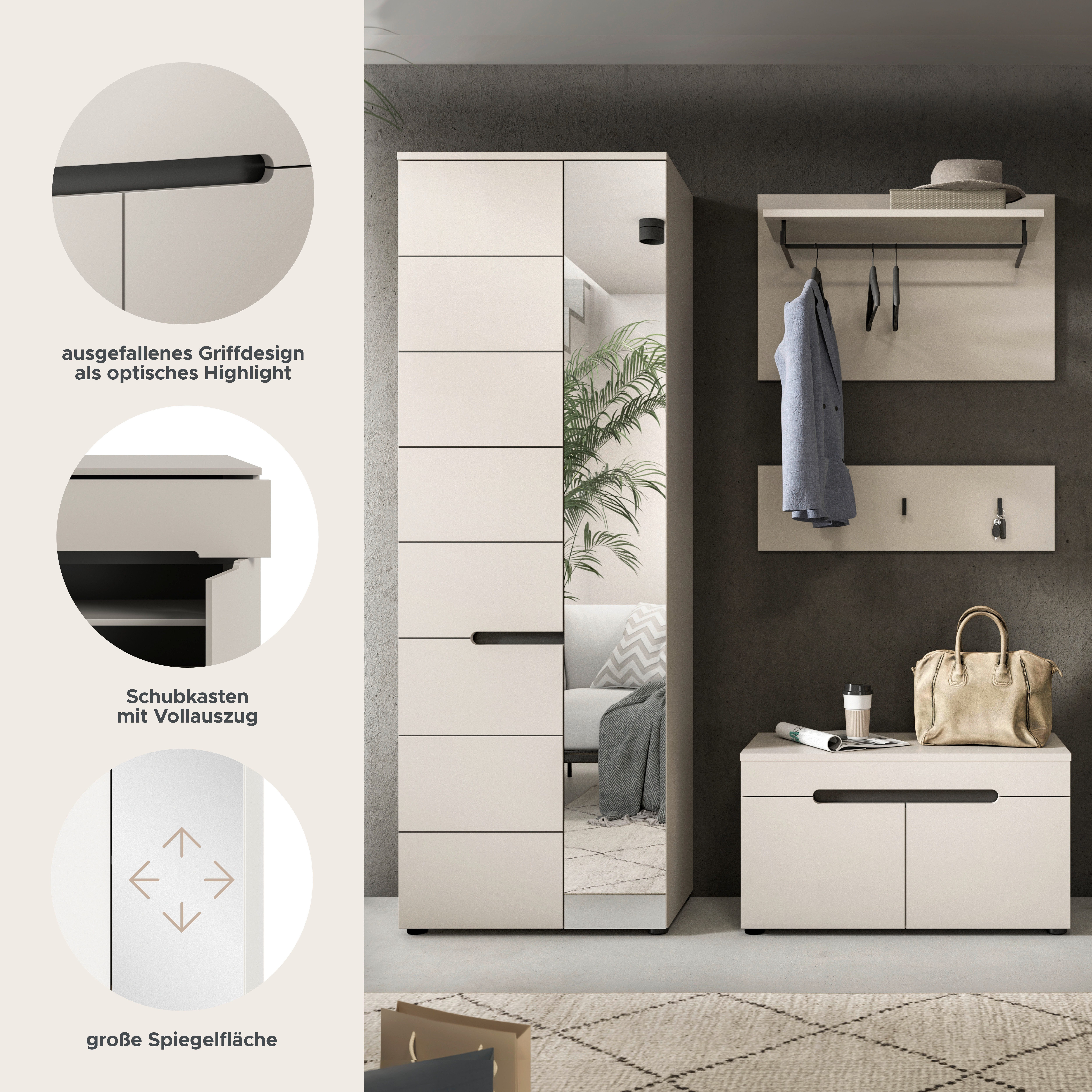 Home affaire Garderoben-Set REHAT, TOPSELLER!, 4-teilig, Breite 160cm, individuell stellbar, (Set, 3-St., bestehend aus: Garderobenschrank, Sitzbank, Paneel, Hakenleiste), Garderobenkombination, Kombination, Set, Flurgarderobe, Diele