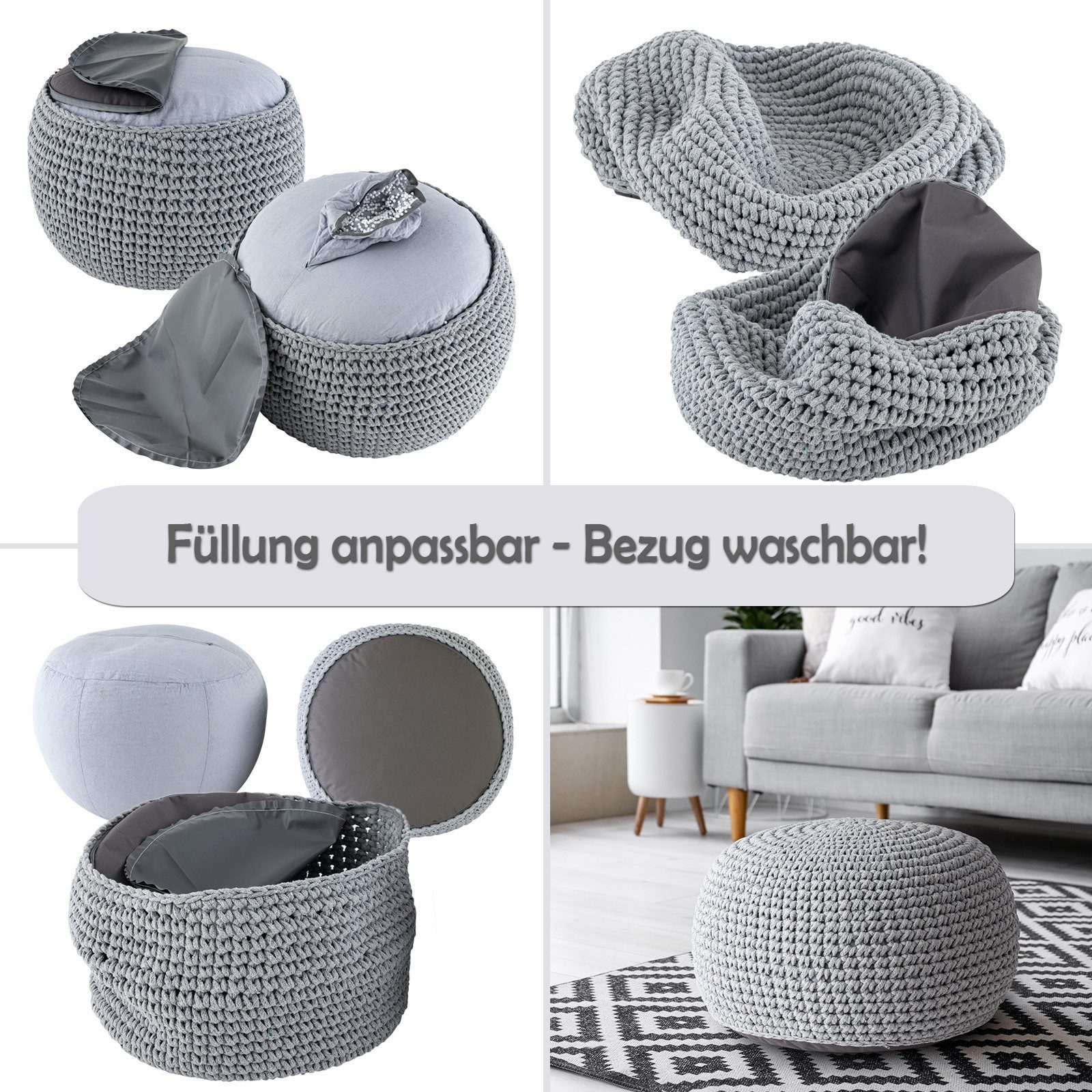 Amagohome Sitzhocker Bodenkissen Pouf Ø55 H37 Mohar Sitzhocker Sitzpouf waschbar nachfüllba, Bezug abnehmbar u. bei 30° Feinwäsche waschbar! – Bild 3 von 5