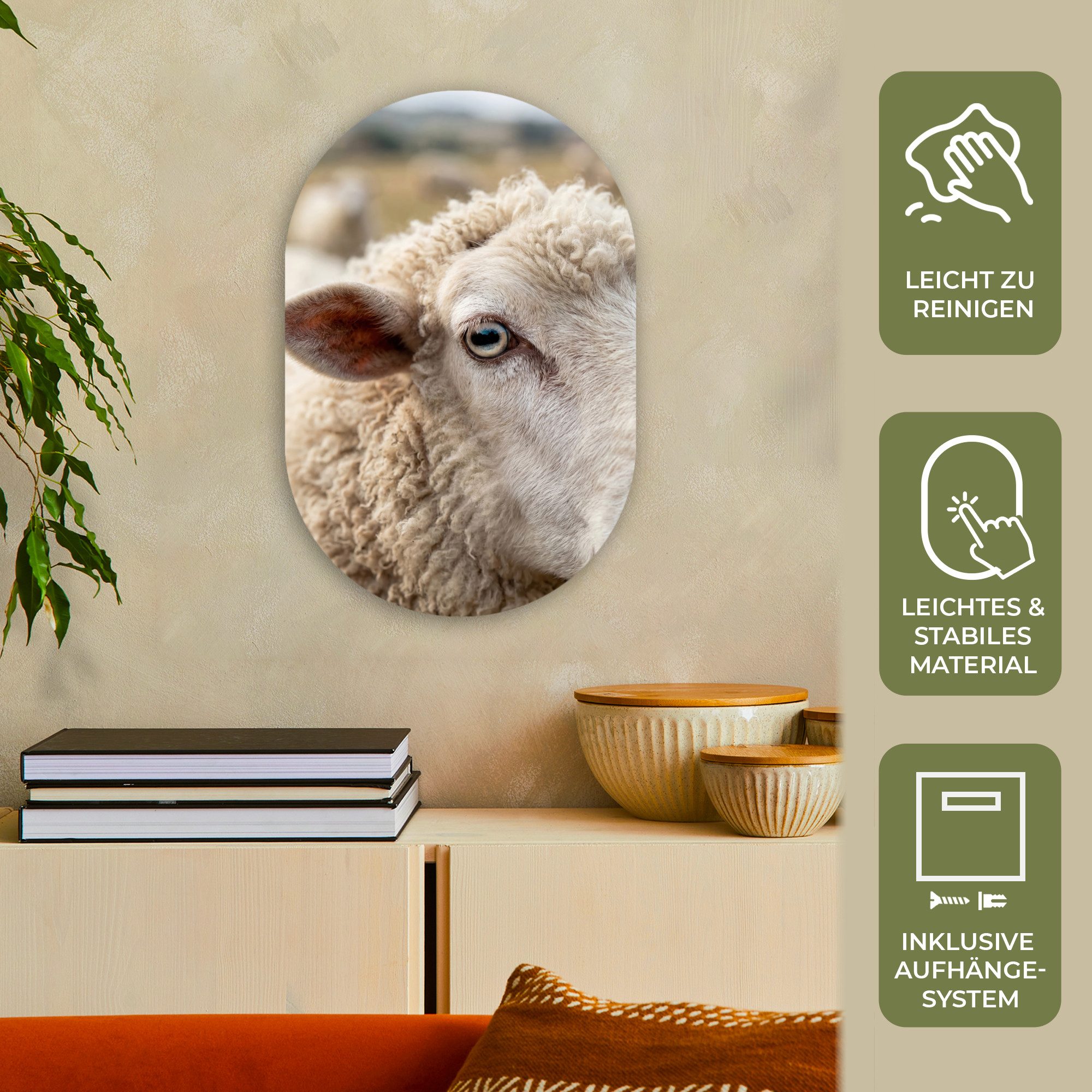 MuchoWow Gemälde Schaf - Auge - Weiß, Fotodruck (1 St), Wandbild Oval, Wohnzimmer oder Schlafzimmer Wanddekoration, 40x60 cm