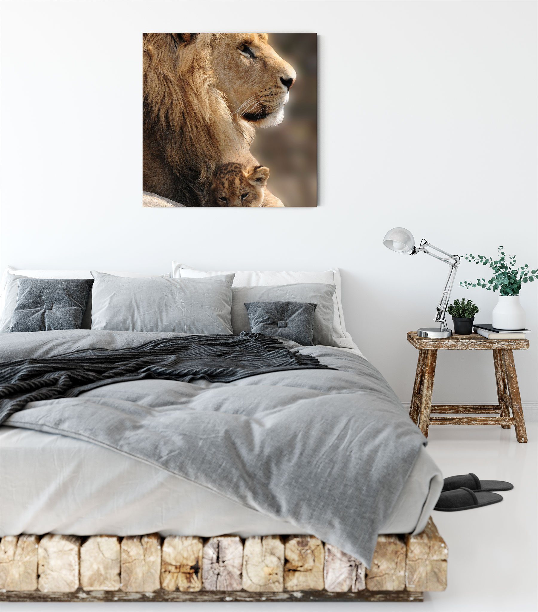 Löwe Löwenbaby (1 mit St), Löwenbaby, Löwe inkl. Zackenaufhänger Leinwandbild Pixxprint Leinwandbild fertig bespannt, mit