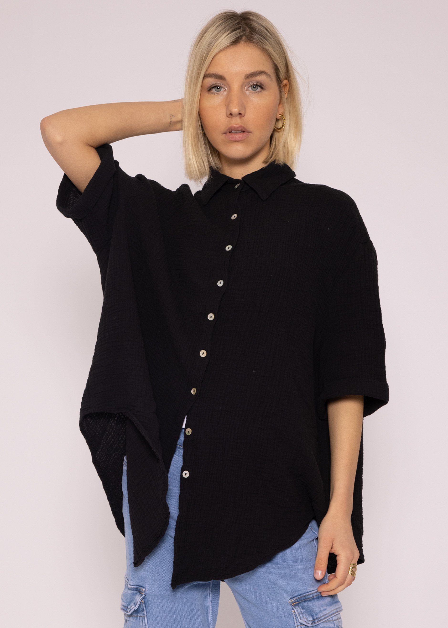 Kurzarmbluse Oversize Musselin Bluse Damen kurzarm