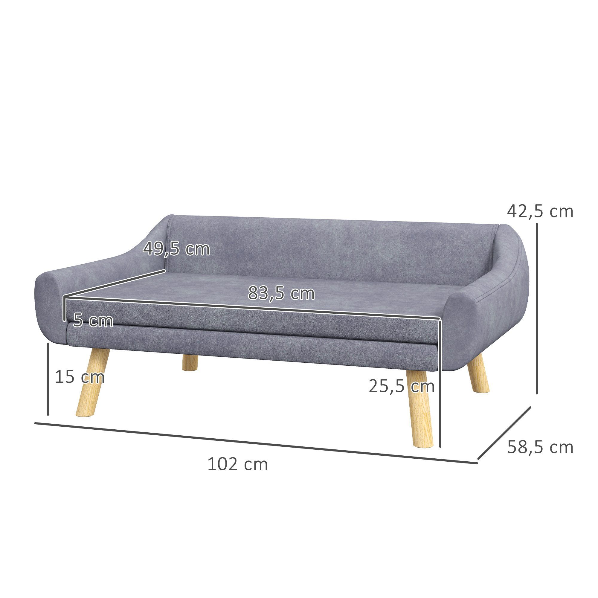PawHut Tierbett Haustiersofa mit Holzbeine, Haustiercouch mit Kissen, Samt, Samt, Grau, 102 x 58,5 x 42,5 cm