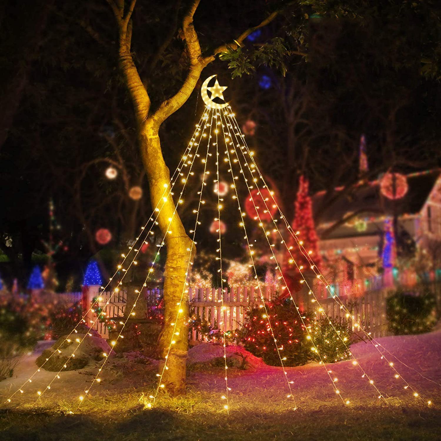 Sunicol LED-Baummantel 3.4M 8 Mond Garten, 350 Wasserfall 31V Modi, und Stern Warmweiß- mit Beleuchtung,Außen Weihnachtsbaum Party LED wasserdicht Energiesparen