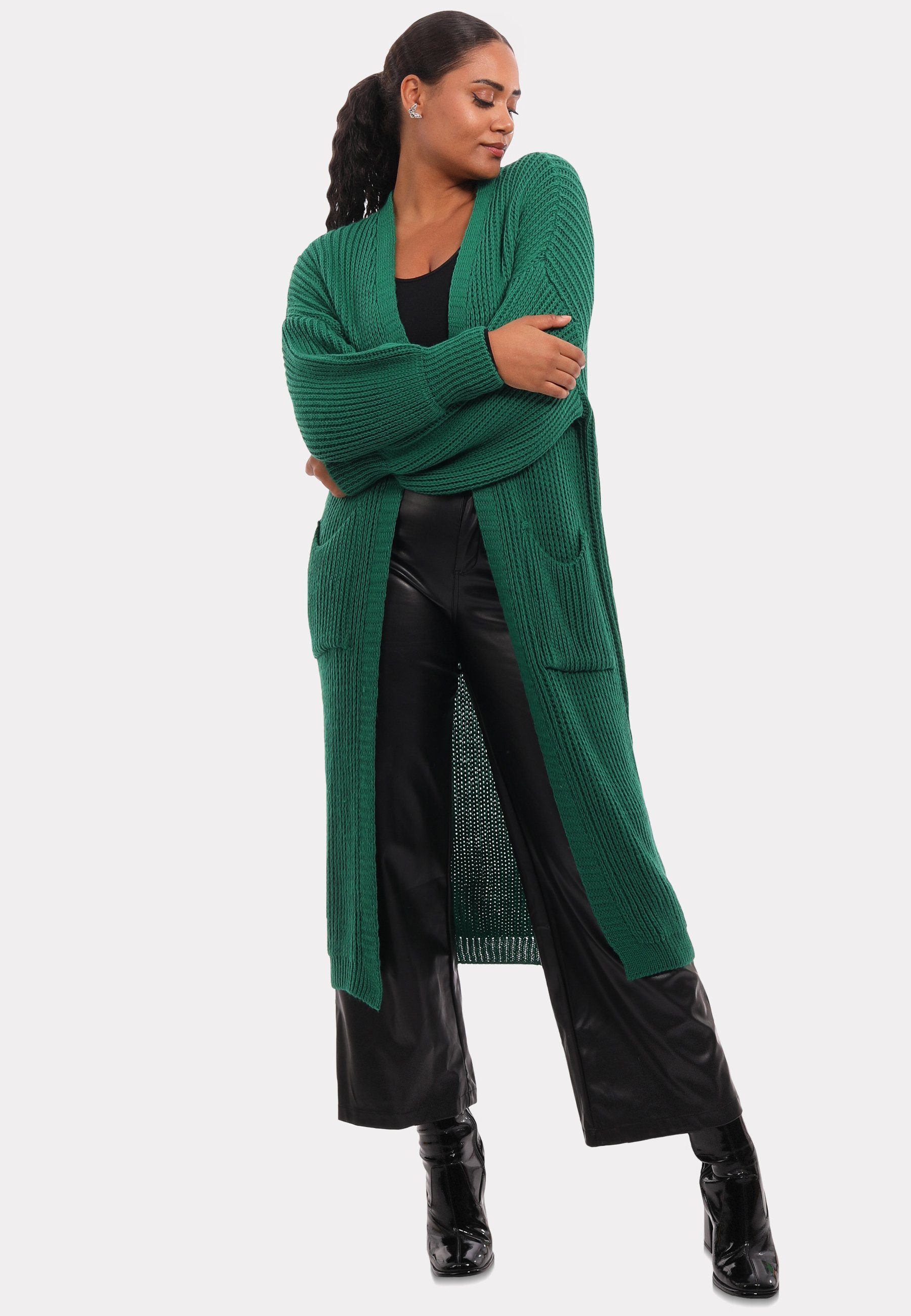 Cardigan Taschen Style YC & Unifarbe, Fashion Strickjacke in mit Cardigan aufgesetzten grün Verschlusslos Basic