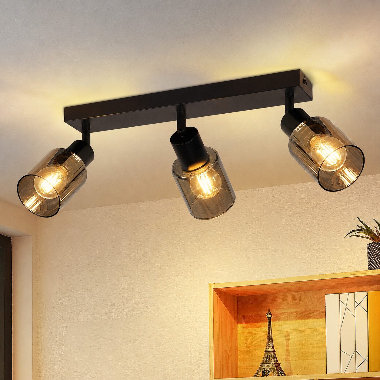 Nettlife Deckenstrahler Schwarz Vintage Glas E14 3 flammig Metall Deckenleuchte Schwenkbar, LED wechselbar, Spotleuchte für Wohnzimmer Flur Küche