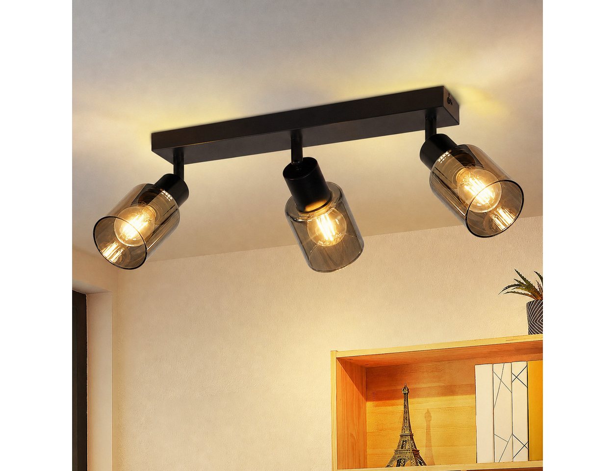 Nettlife Deckenstrahler Schwarz Vintage Glas E14 3 flammig Metall Deckenleuchte Schwenkbar, LED wechselbar, Spotleuchte für Wohnzimmer Flur Küche