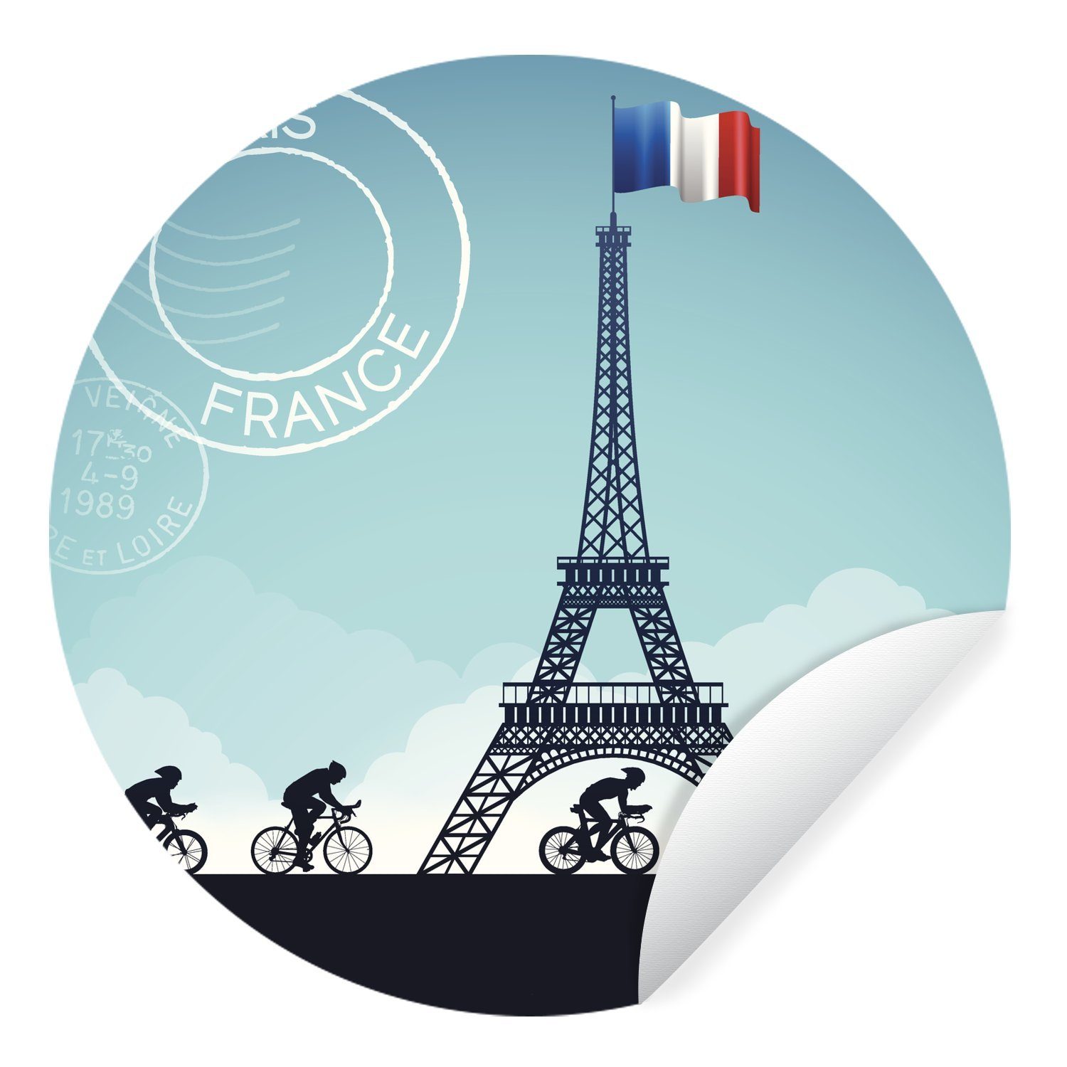 MuchoWow Wandsticker Eine Illustration von Radfahrern, die am Eiffelturm vorbeifahren (1 St), Tapetenkreis für Kinderzimmer, Tapetenaufkleber, Rund, Wohnzimmer