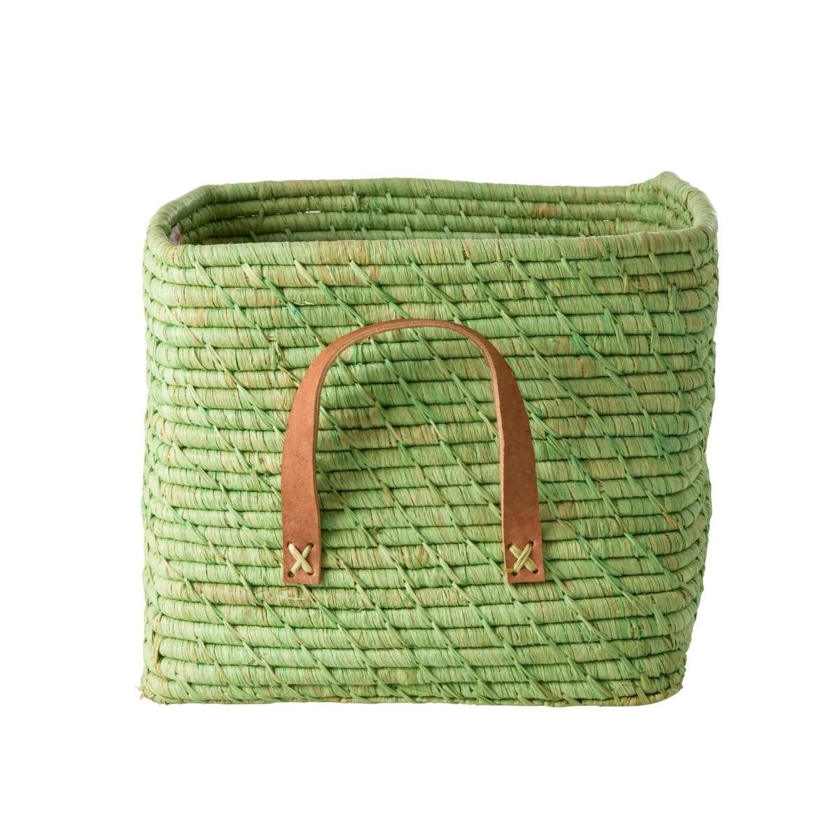 Aufbewahrungsbox Aufbewahrungskorb Raffia grün 30 cm geflochten mit Lederdetails