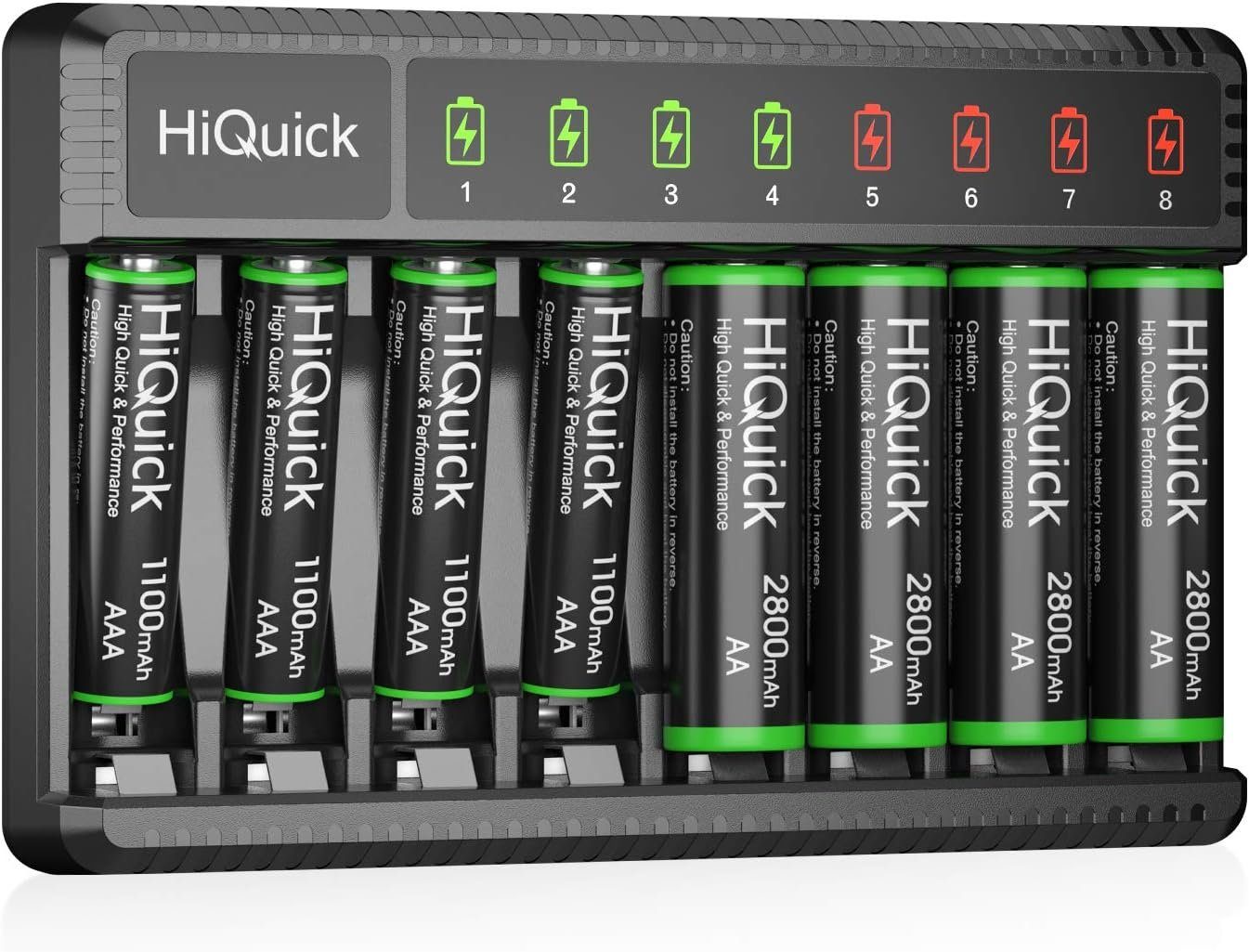 HiQuick Akku Ladegerät mit 4 AA Akku und 4 AAA Akku, AA AAA Batterie- Ladegerät (1-tlg., für NI-MH NI-CD AA/AAA Akku, 8-Ladeplatz mit LED Anzeige  ladegerat)
