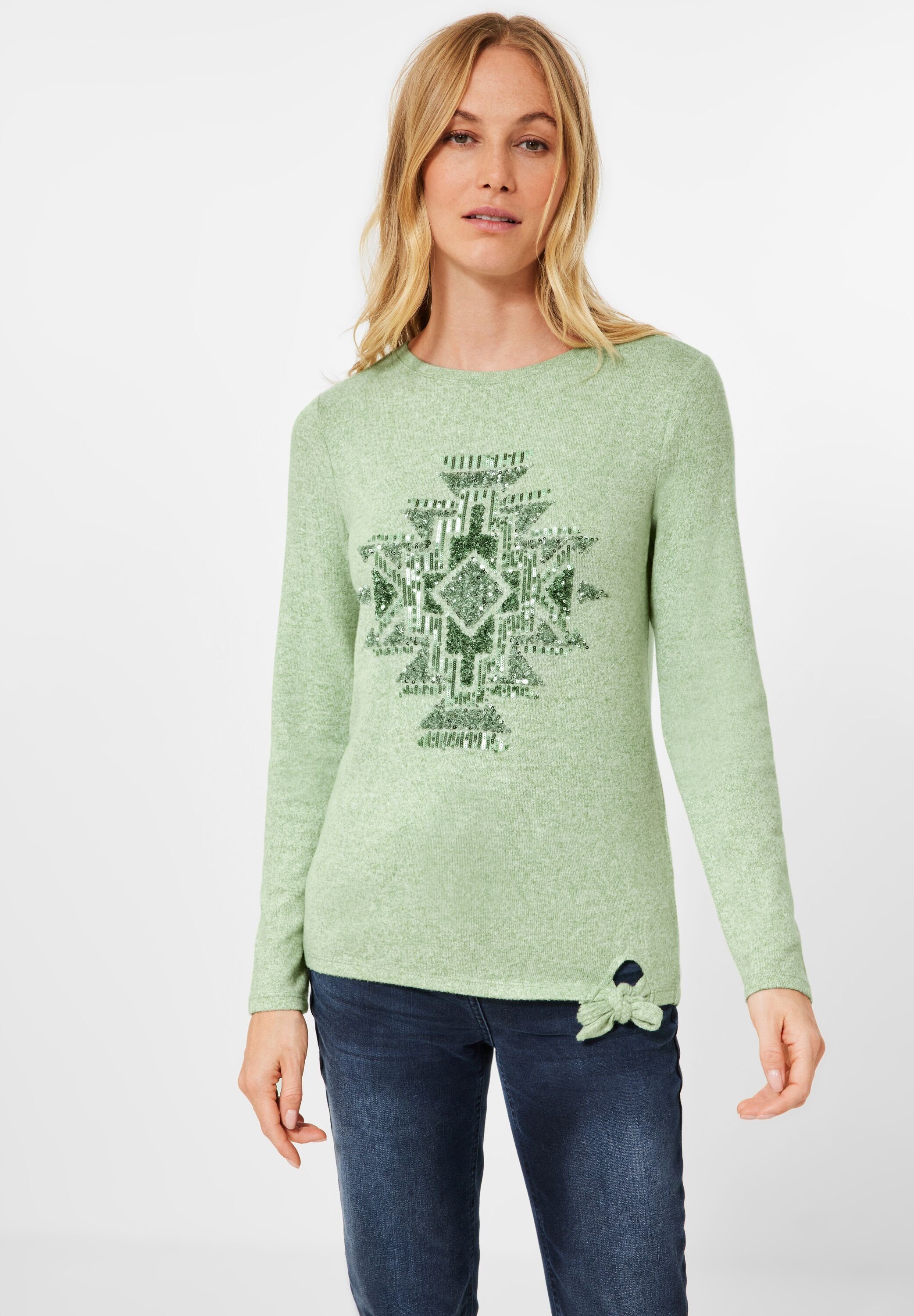 melange Rundhalsshirt mit green salvia Cecil Pailletten