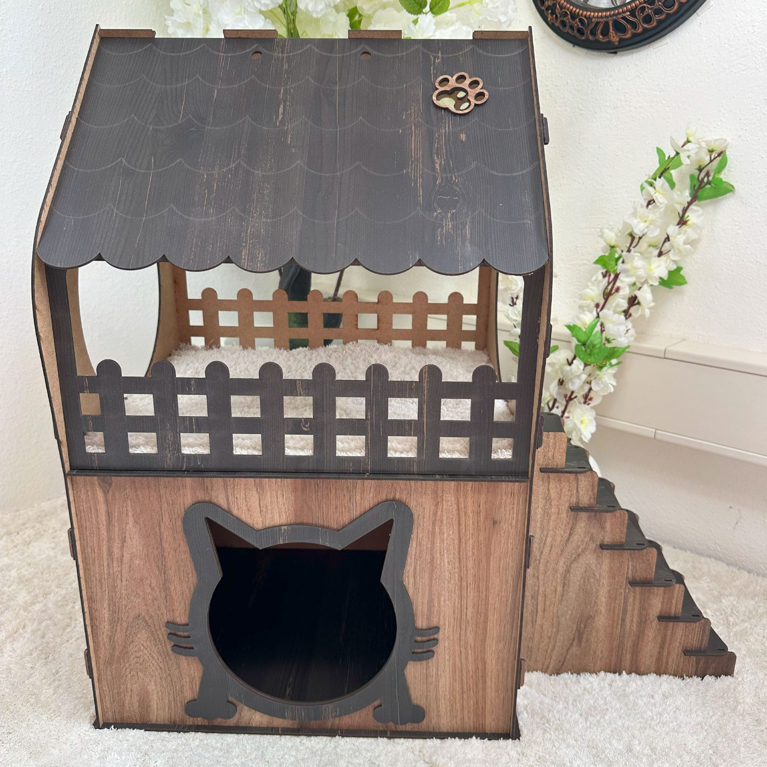 Jungengel Tierhaus Zweistöckiges Katzenhaus Katzenhöhle Katzenmöbel Indoor Holz, Holzoptik, Balkon, Werkzeugloser Aufbau, Katzenöffnung, 2 Etagen