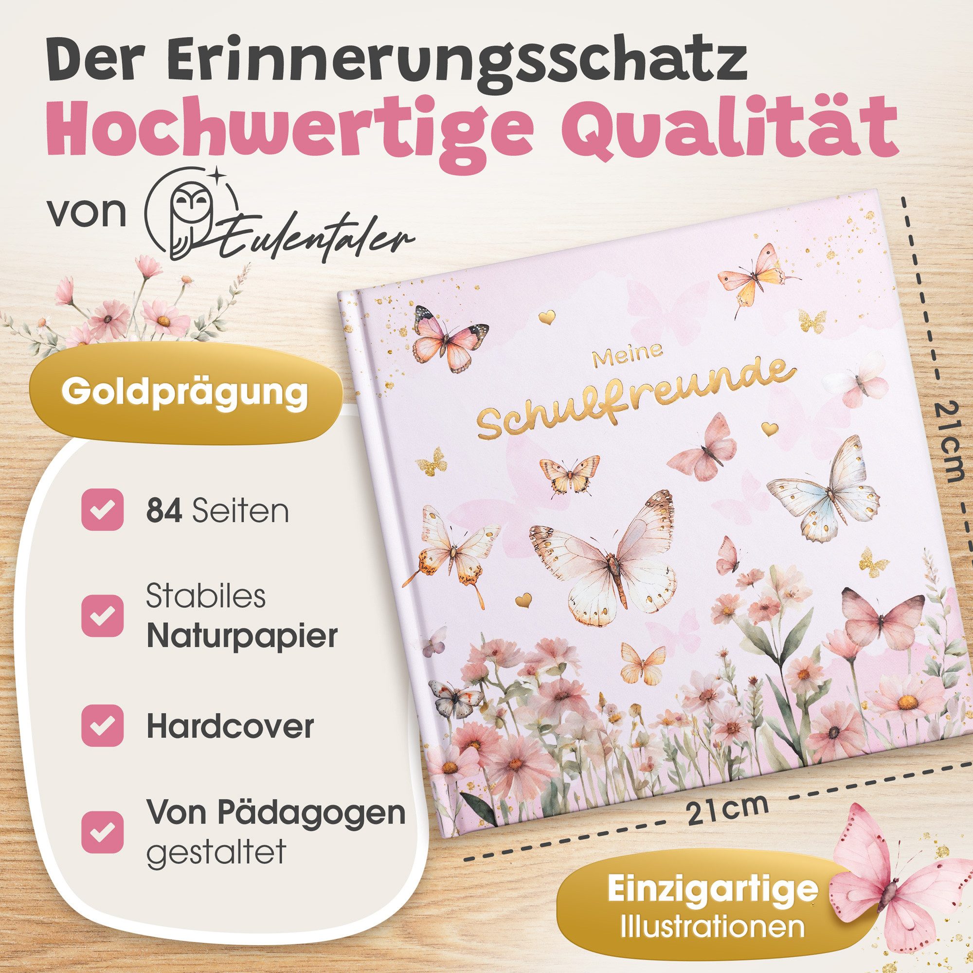 Eulentaler Freundebuch für Mädchen (Schule) I von Pädagogen gestaltet, Schmetterlinge, Blumen & Goldprägung, Geschenk für Schulkinder – Bild 2 von 5
