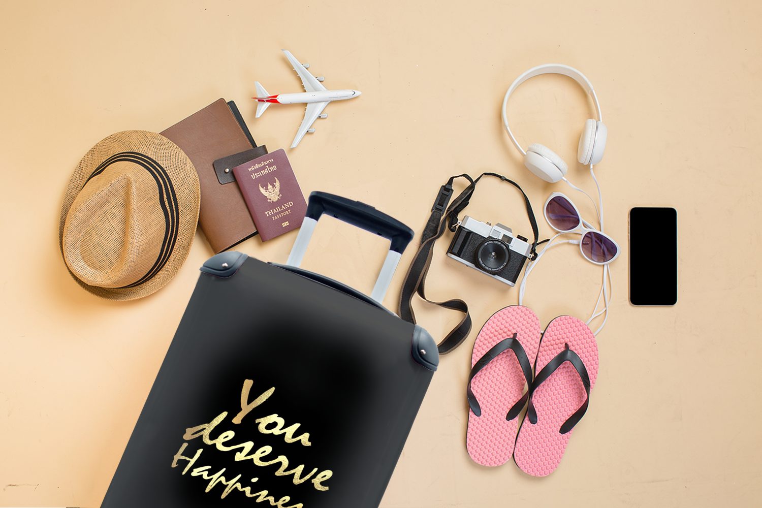 Reisekoffer - Handgepäckkoffer Zitate - Schwarz, Trolley, - Reisetasche mit 4 MuchoWow Gold rollen, Glücklich Rollen, für Handgepäck Ferien,