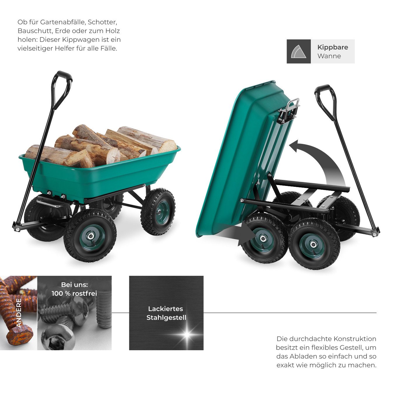 tectake Bollerwagen Handwagen Cubbi mit luftgefüllten Reifen Belastbarkeit 120kg (1 Transportwagen, 1-tlg., 52L Volumen in Grün), mit Kippfunktion