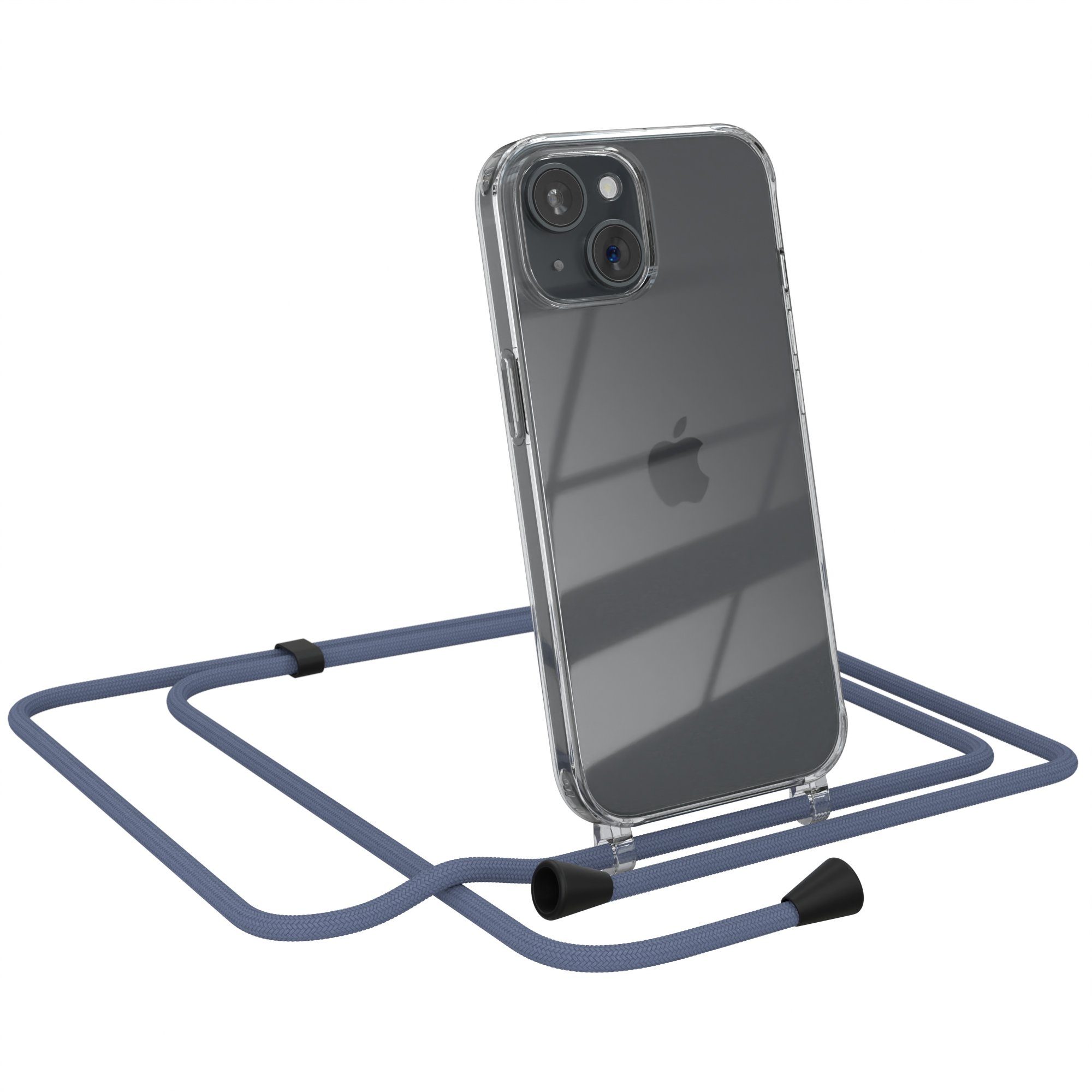 EAZY CASE Handykette mit-/ ohne Magsafe Hülle für iPhone 15 6,1 Zoll, Silikonhülle Transparent Handyhülle mit Kordel Kette zum Umhängen Blau