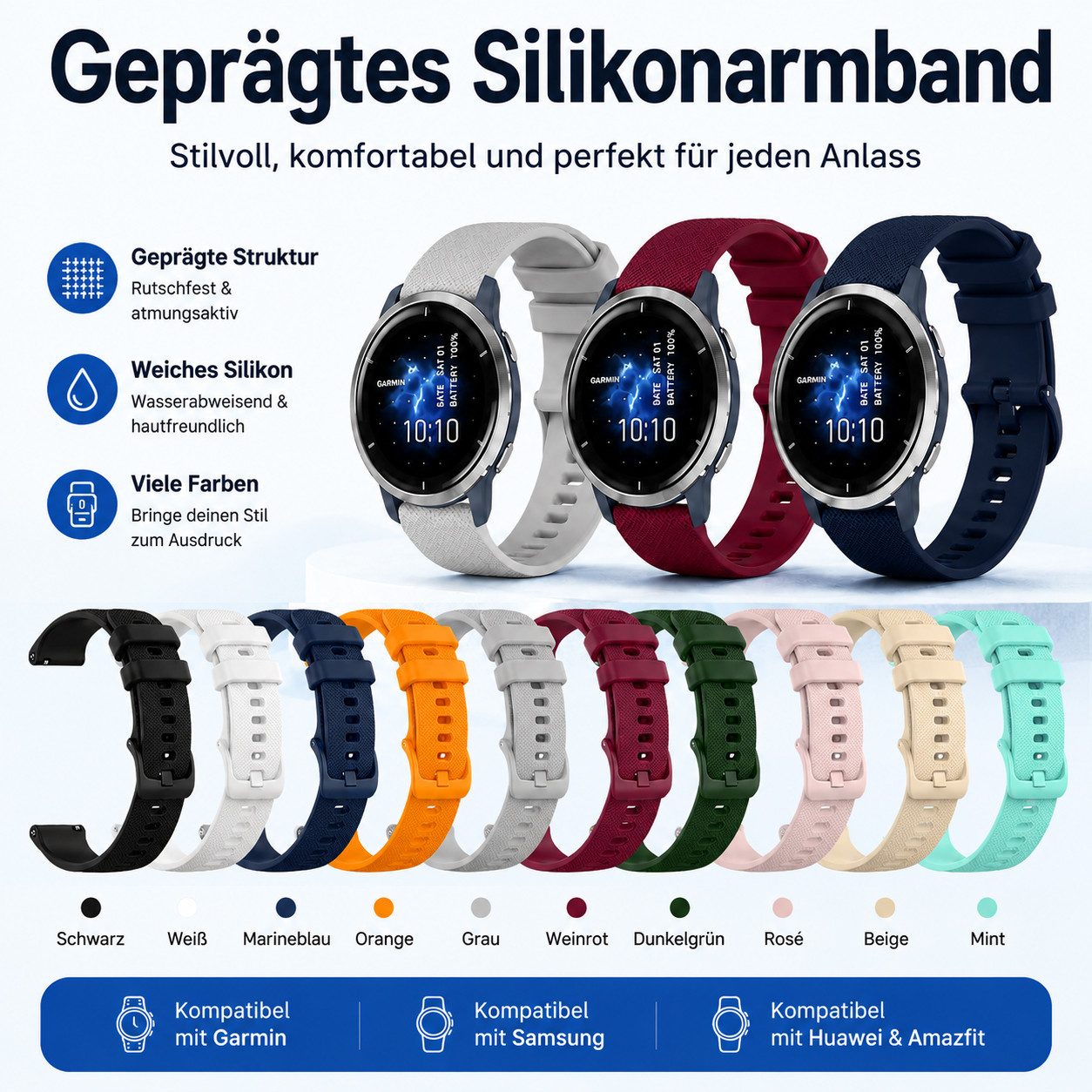 BOOD Uhrenarmband 20/22mm Universal Silikon Ersatzband mit praktischem Schnellverschluss, schweißresistent, rutschfest, individuell verstellbare Armbandlänge – Bild 4 von 5