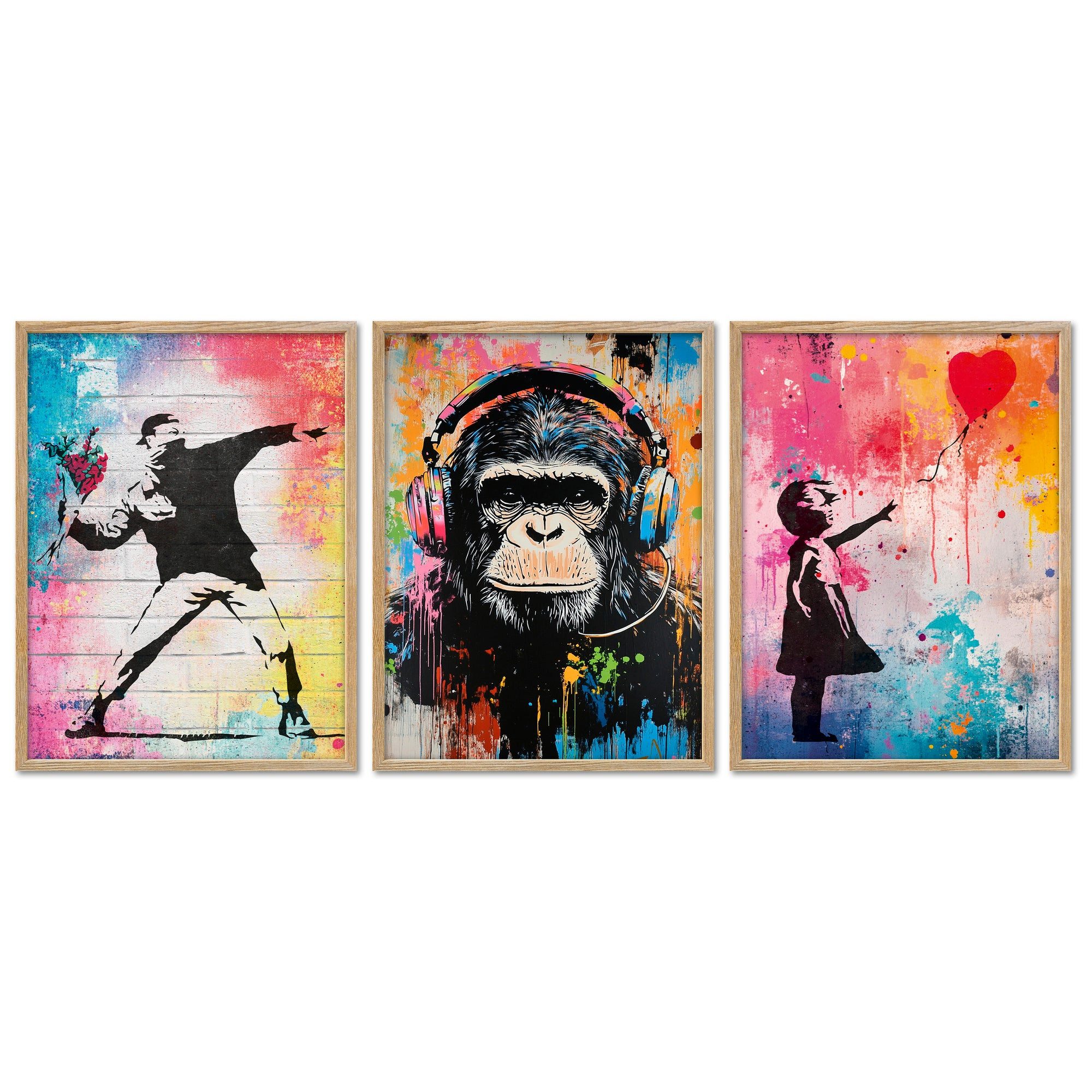 ARTFAVES Bilder-Collage Poster Set - Colorful Banksy - 3 Deko Wandbilder Kunst, bunt, Street-A, (Wandbilder modern, 3 St)