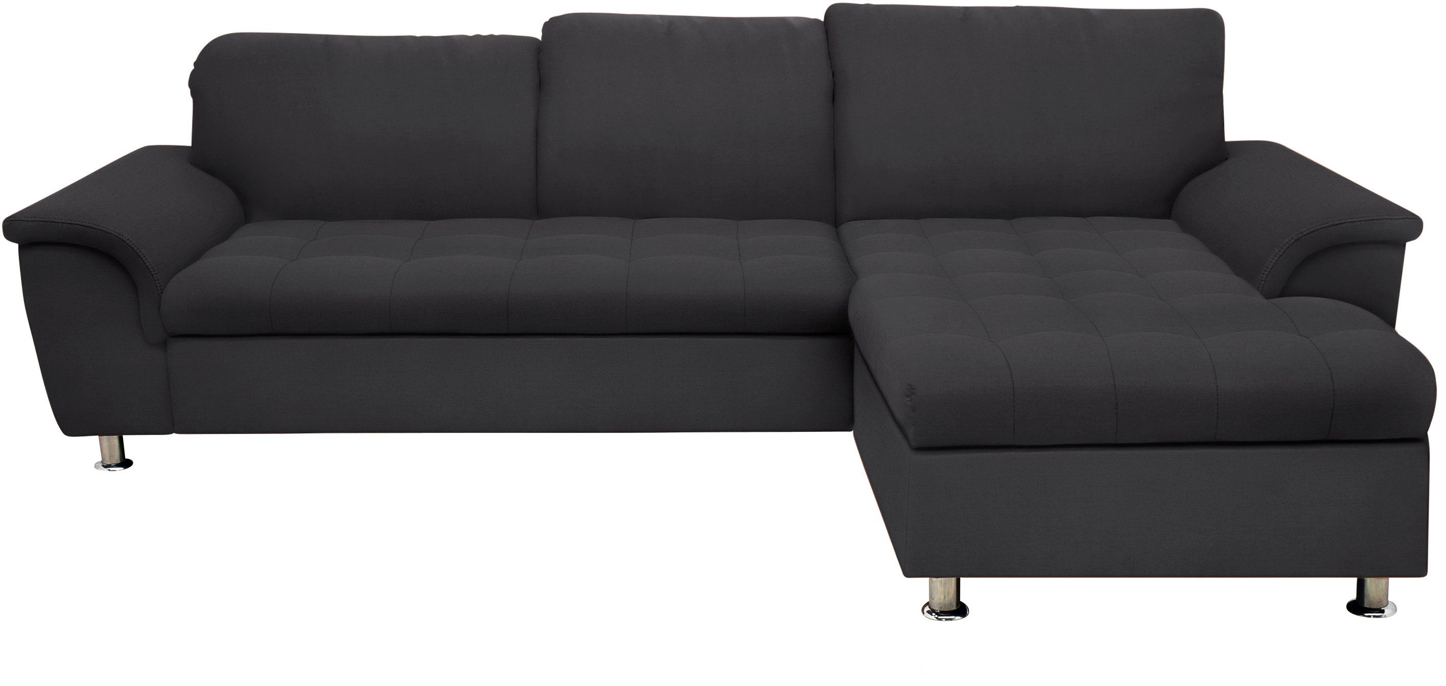 DOMO collection Ecksofa FRANZI 278x162 cm, belastbar bis 140 kg/Sitz, L-Form, bequem, Flachgewebe, graphite. Mit Kopfteilverstellung für Wohlfühlkomfort