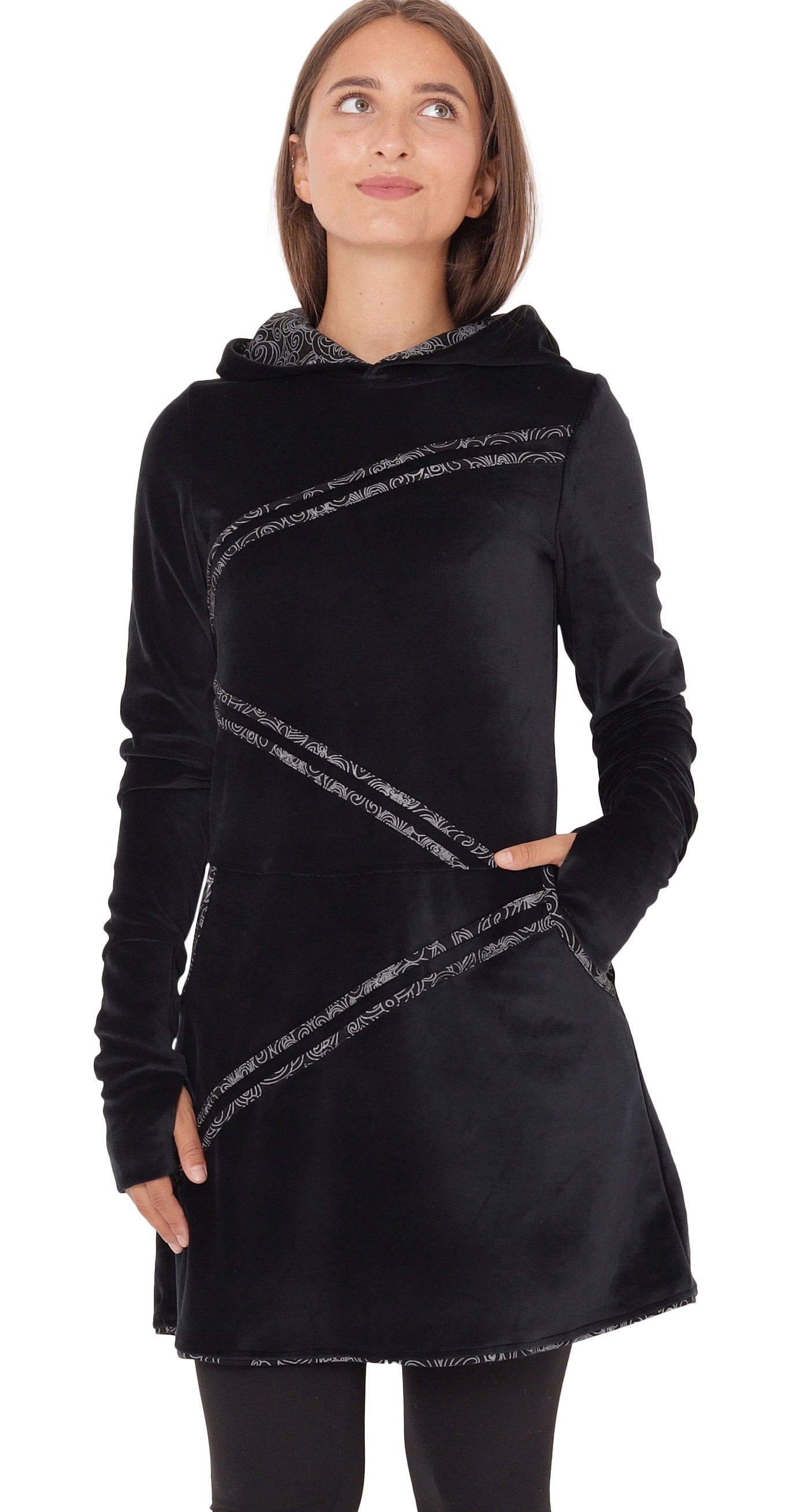 PUREWONDER Samtkleid Samtkleid Winterkleid mit Applikationen und Taschen dr18 Schwarz S mit Kapuze