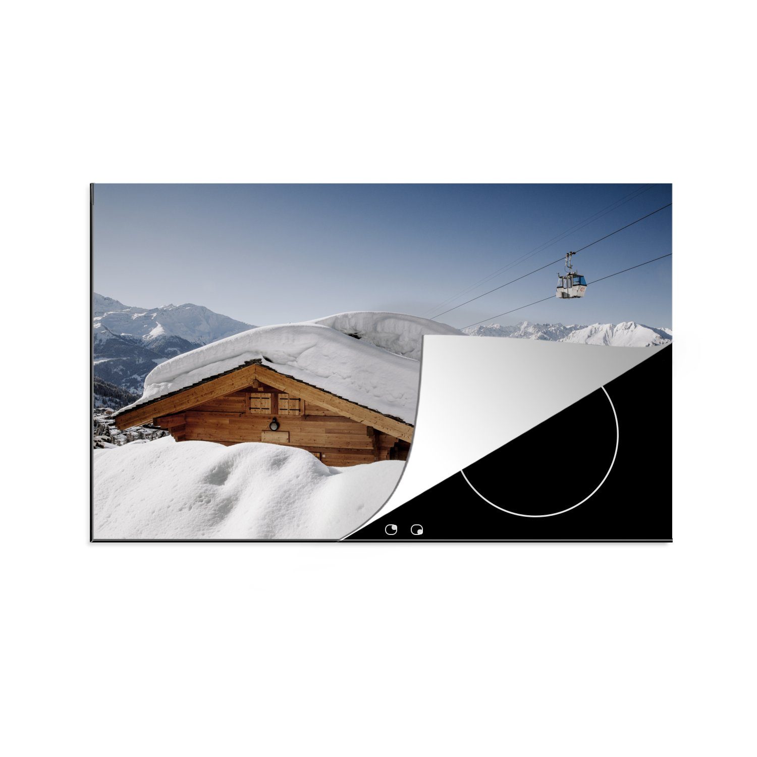 die cm, 81x52 in Schweiz, auf Hütte einer Schutz küche, Schnee (1 MuchoWow tlg), Induktionskochfeld Ceranfeldabdeckung der Herdblende-/Abdeckplatte Vinyl, für