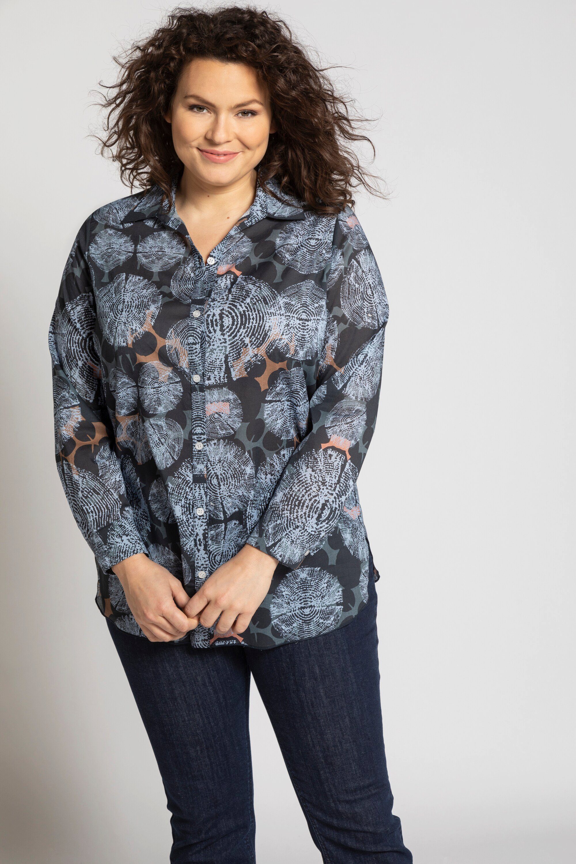 Ulla Popken Longbluse Bluse Blütenmuster V-Ausschnitt Stehkragen Langarm