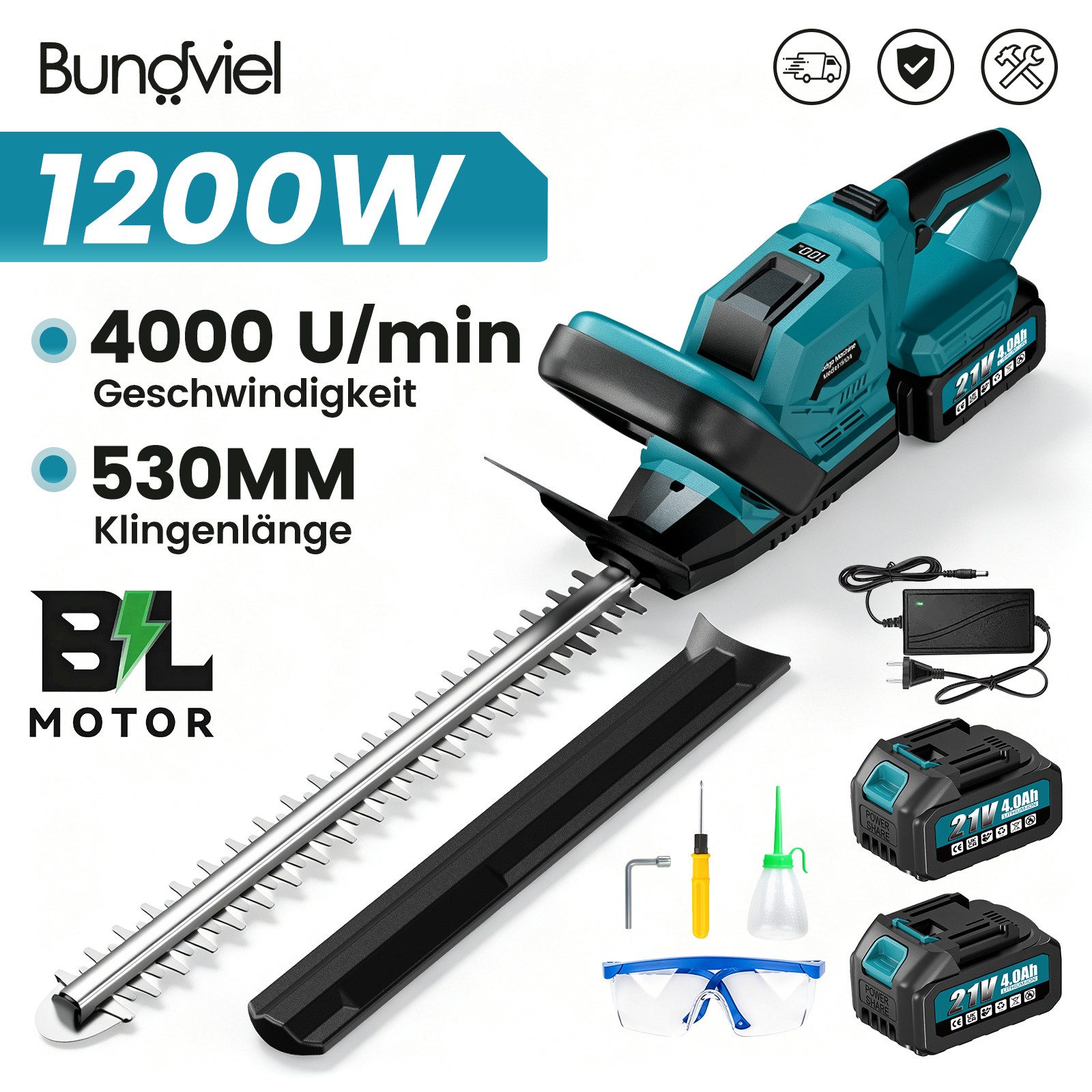 Bundviel Akku-Heckenschere 21V Elektrische Heckenschere mit 8000mAh Akku 1200W Bürstenlosen Motor, Drehbarer Kopf 53 cm Schnittlänge mit 2x 4,0Ah Akku