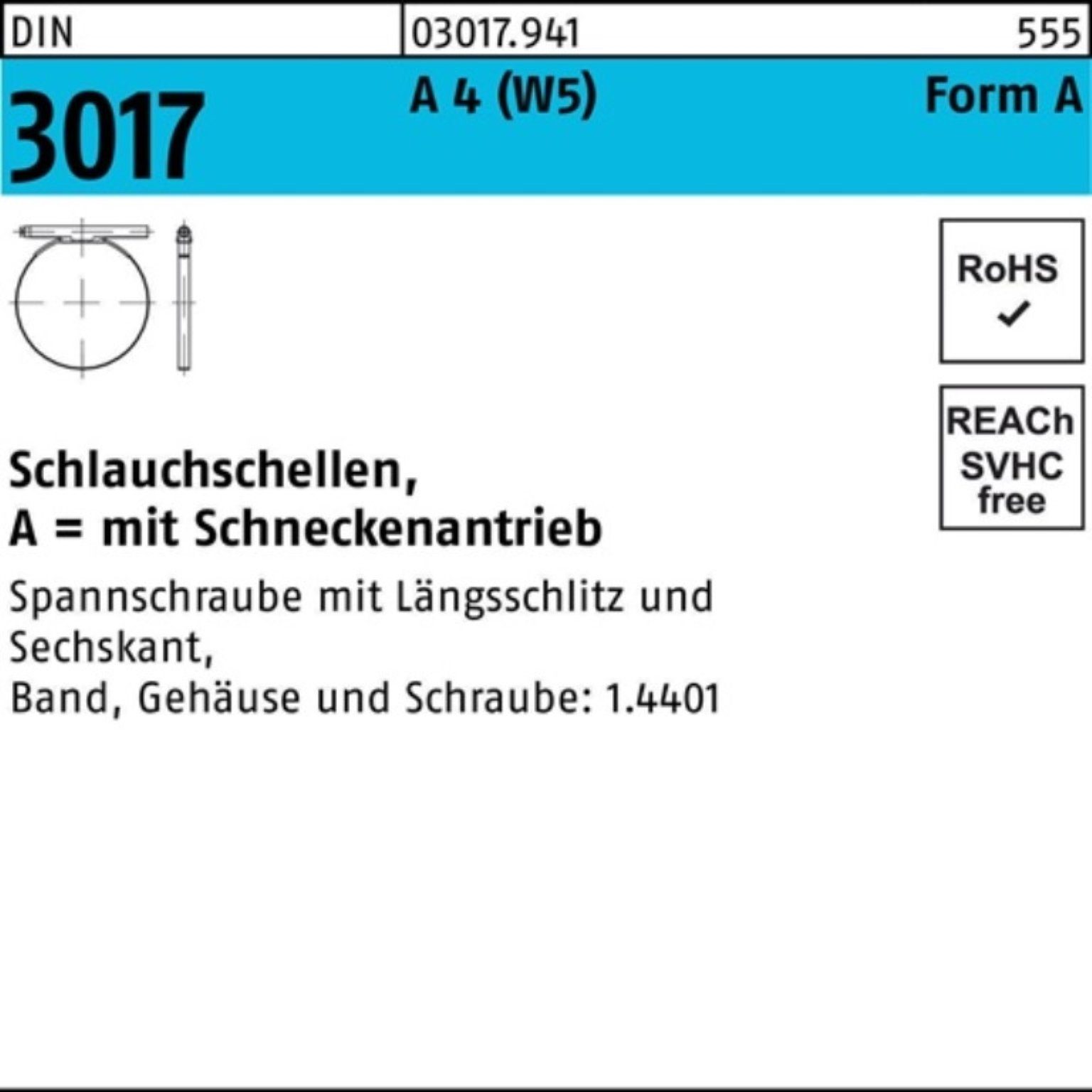 Reyher Schlauchschelle 100er Pack Schlauchschelle DIN 3017 W5 Schneckenantrieb 70- 90/12 C7 A 4 25 StückDIN 3017 A 4 (W5) Form A Schlauchschellen · mit Schneckenantrieb - Abmessung: 70- 90/12 C7 VE=S (25 Stück) Weitere technische Eigenschaften: · Typ: A · Durchmesser: 90 mm · Gruppencode: