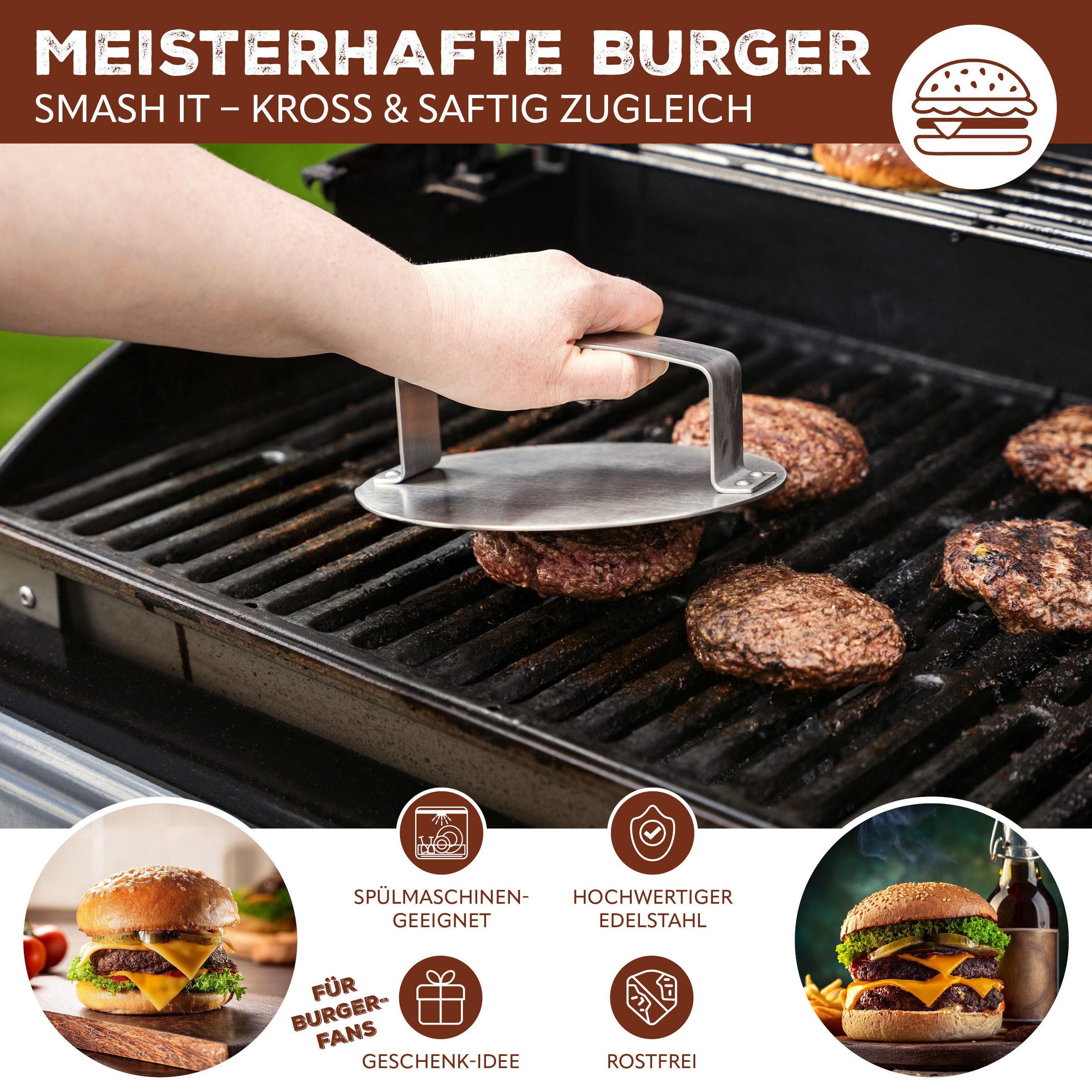 bremermann Burgerpresse Burgerpresse, Hamburgerpresse für Patties, Smash-Burger, Edelstahl (1 St), Edelstahl