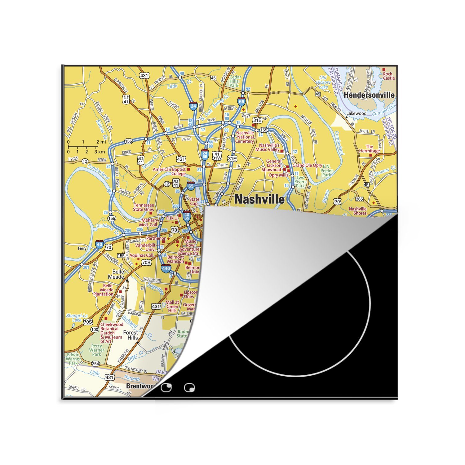 MuchoWow Herdblende-/Abdeckplatte Illustration einer bunten Karte von Nashville, Vinyl, (1 tlg), 78x78 cm, Ceranfeldabdeckung, Arbeitsplatte für küche