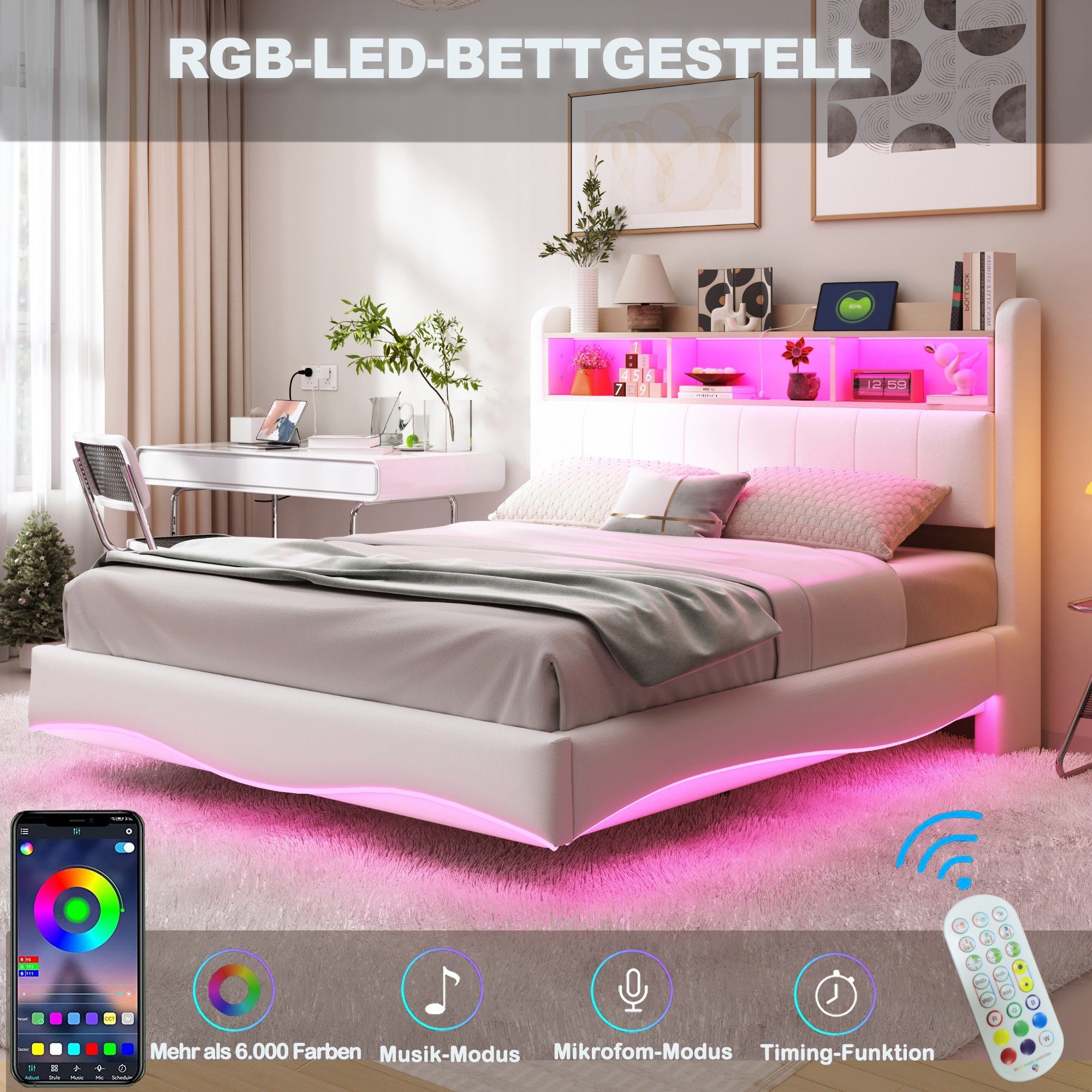 BlingBin Polsterbett Abgehängtes bett Doppelbett Multifunktionales Stauraumbett (1er Set, 1-tlg., Polsterbett mit LED-Licht, USB- und TYPE-C-Schnittstelle, 140 x 200 cm), Geschwungener Rahmen, schwebende Optik, Leinenstoff
