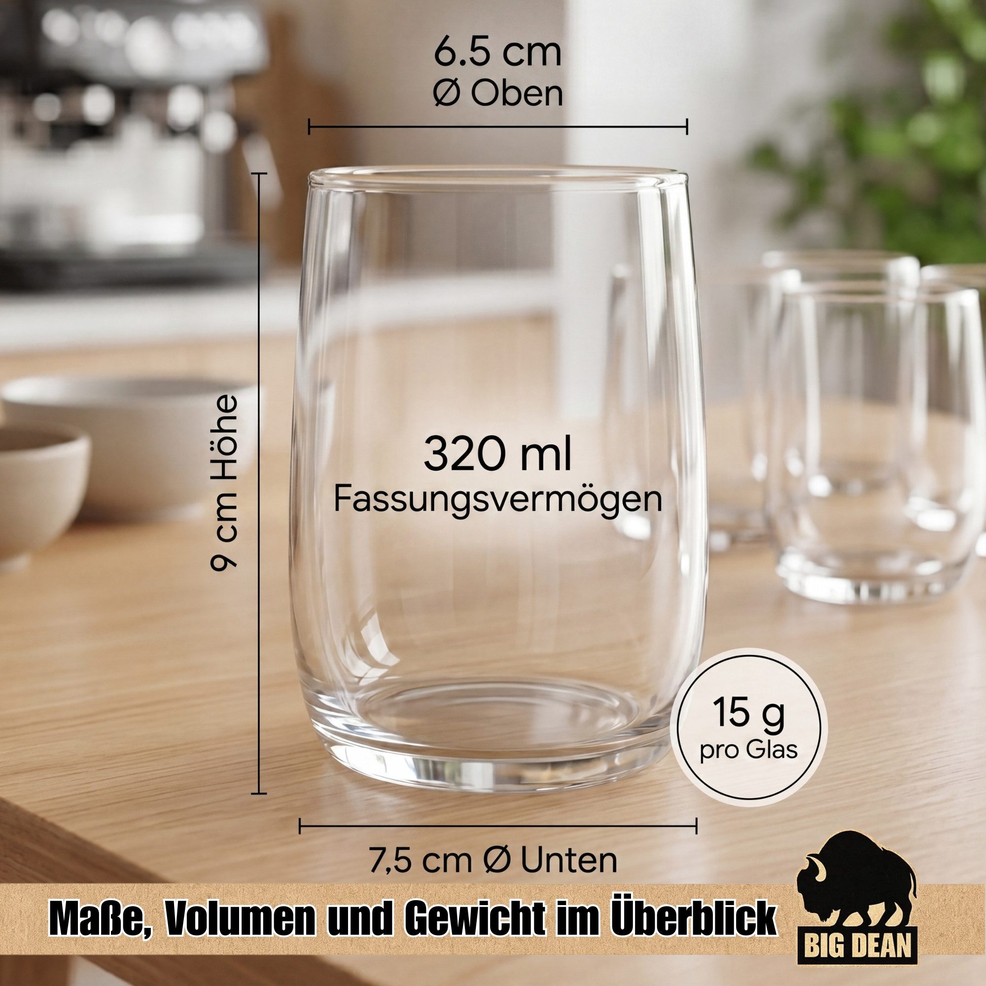 BigDean Glas Gläser Set 6 Stück 320 ml Trinkgläser Wassergläser Saftgläser, 6-tlg., Glas, Elegant, Schlicht, Spülmaschinenfest, Pflegeleicht – Bild 5 von 5