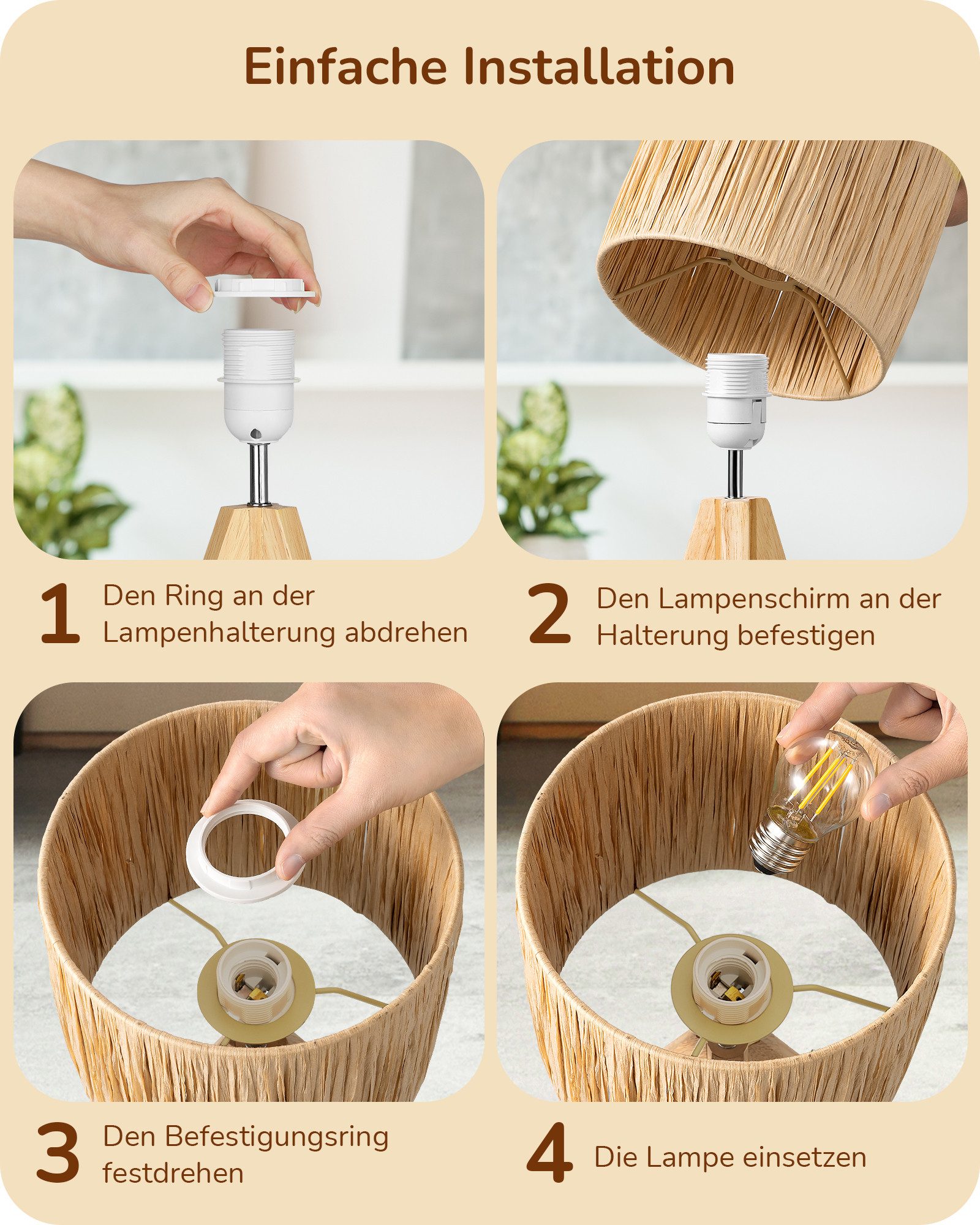 EDISHINE LED Nachttischlampe mit Seil-Lampenschirm, vintage Dekolampe, LED wechselbar, Warmweiß, Tischlampe holz mit Leuchtmittel, Boho Tischleuchte für Schlafz – Bild 5 von 5