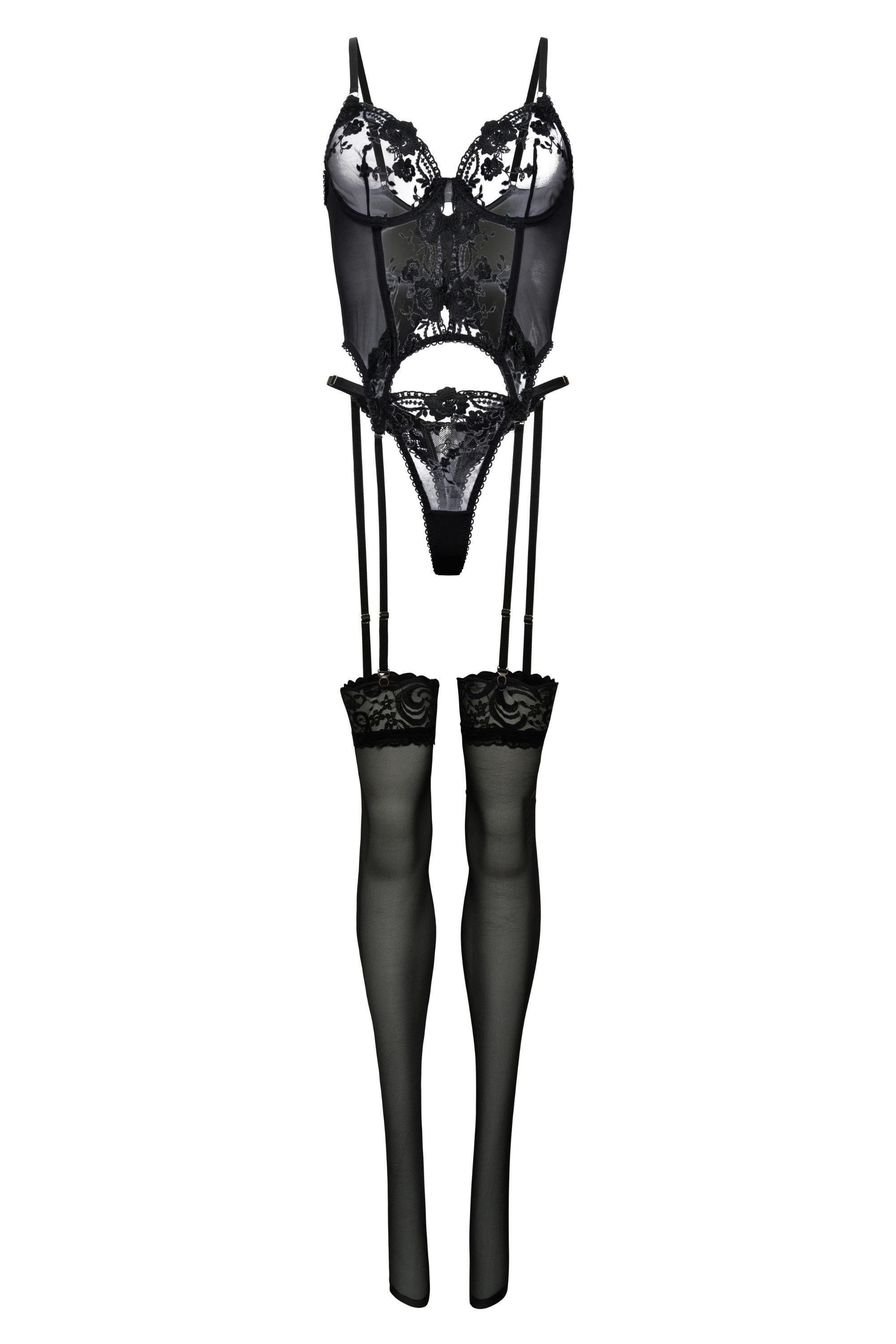 Elegant Love Set: Corsage Elegante Reizwäsche mit Bügel-BH – Dessous-Set aus Spitze (Set, 3-tlg., Bügel-Corsage, Tanga, Strümpfe) Damen Lingerie im Spitzen-Korsettlook mit dekorativen Strapsdetails