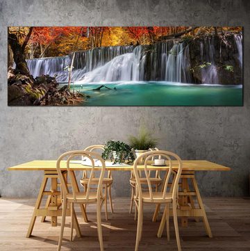 TPFLiving Kunstdruck (OHNE RAHMEN) Poster - Leinwand - Wandbild, Buntes Herbstwald-Wasserfall-Landschaftspanorama-Leinwandgemälde (Leinwandbild XXL), Farben: Orange, Gelb, Weiß, Rosa, Grün, Lila - Größe: 20x60cm