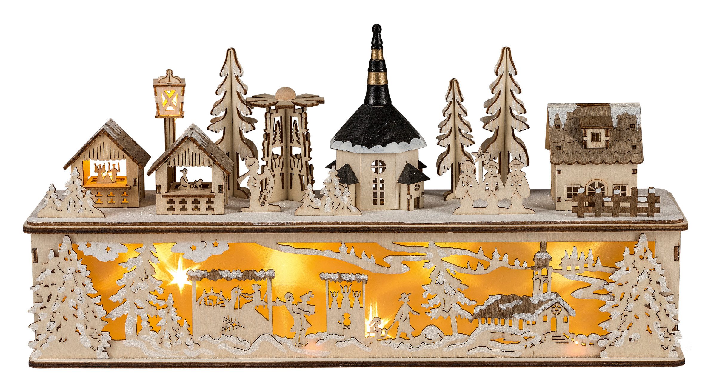 HGD Dekoobjekt Winterdorf mit Sockel - aus Holz gefertigt, mit warmer LED-Beleuchtung - winterliche Dekoration für jeden Raum