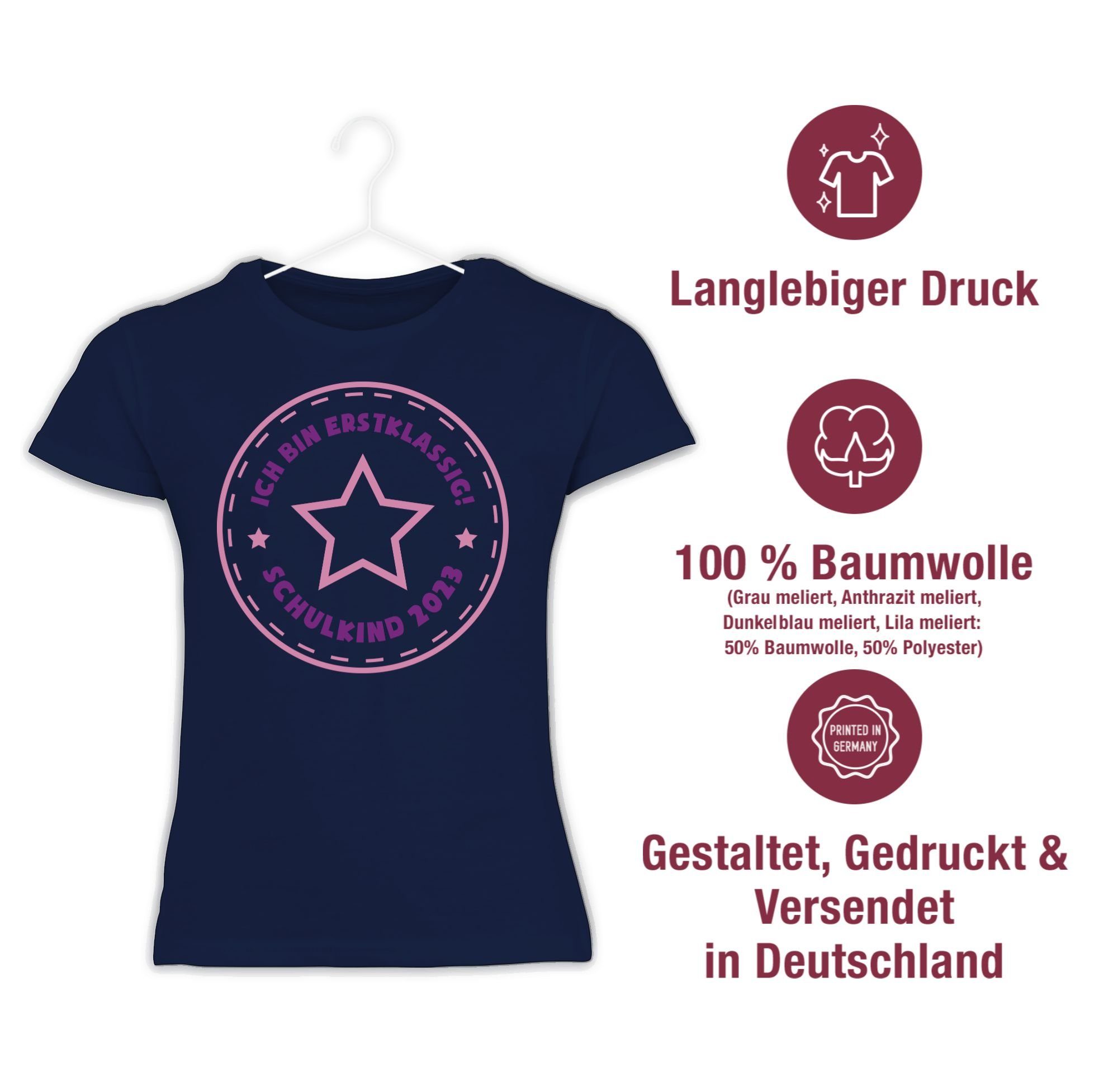 Shirtracer T-Shirt Schulkind 2023 bin Einschulung Ich Mädchen rosa erstklassig Dunkelblau 1 Stern