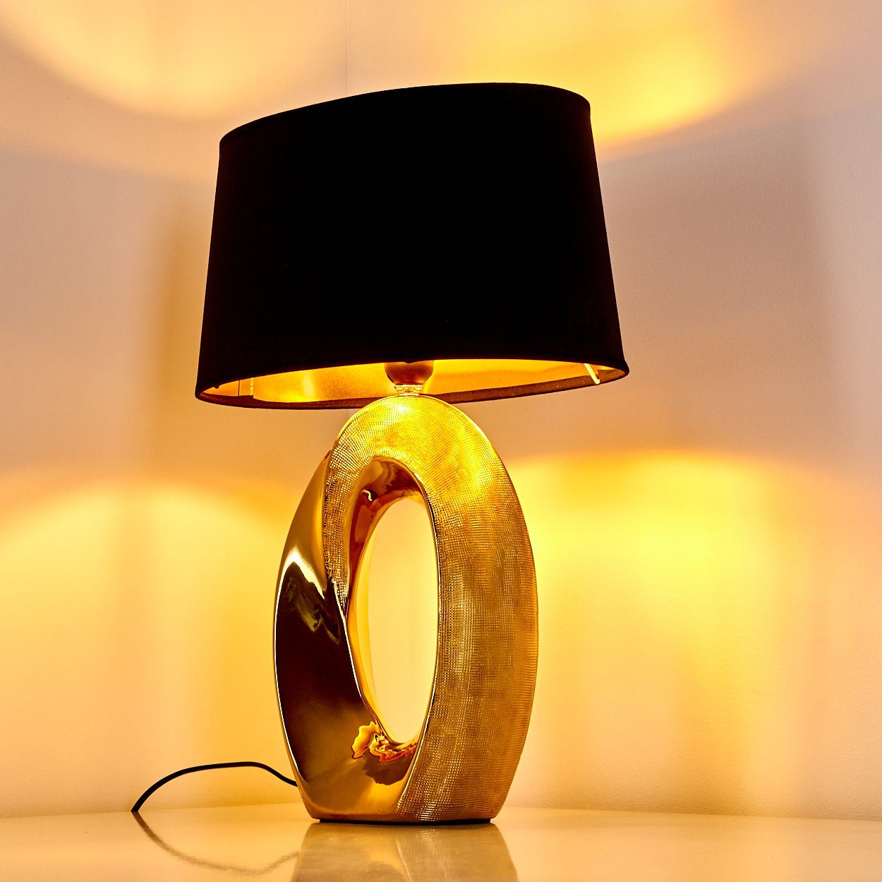 hofstein Tischleuchte Schlaf Wohn Zimmer Leuchten Stoff schwarz Keramik gold Nacht Tisch – Bild 3 von 5
