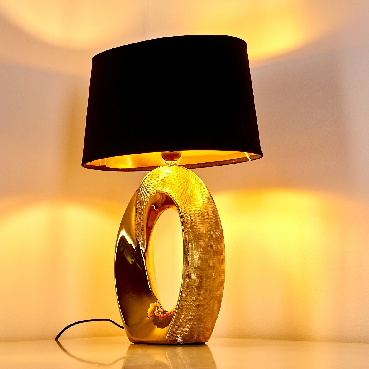 Nacht Tisch Lese Lampen schwarz Stoff Wohn Schlaf Zimmer Leuchte Keramik gold 