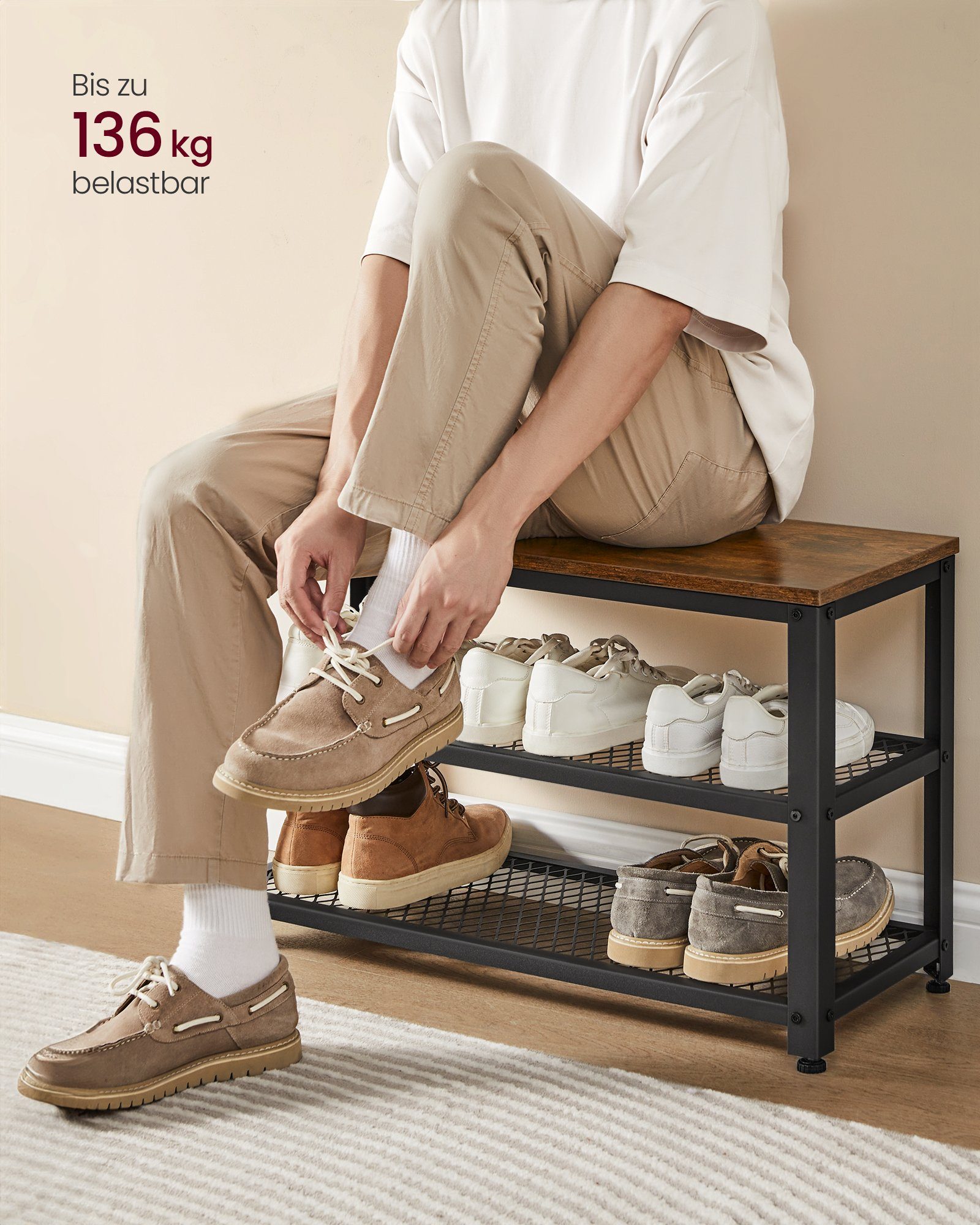 VASAGLE Garderoben-Set, Garderobe mit Sitzbank, Industriestil, Magnetfunktion