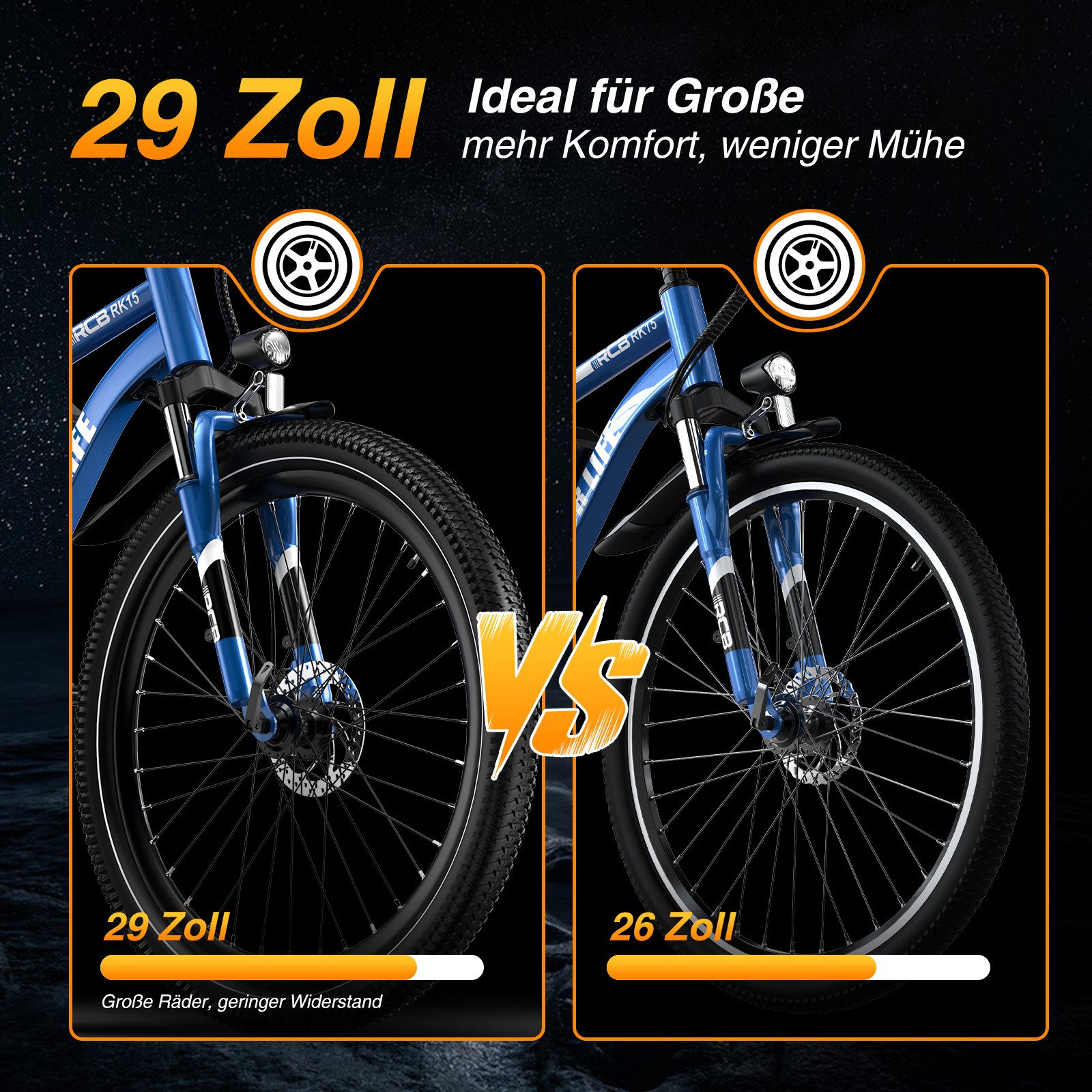 RCB E-Bike Pedelec RK15 PRO 29×2,125 Zoll, Reichweite 50-90KM, APP, 36V/15,6Ah, 7 Gang, Kettenschaltung, 250W Heckmotor, 561,6 Wh