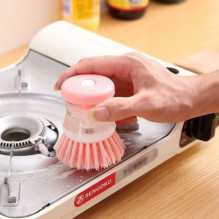 Devenirriche Reinigungsbürste Abwaschbürste mit integriertem Spülmittelspender Küchenbürste Rosa