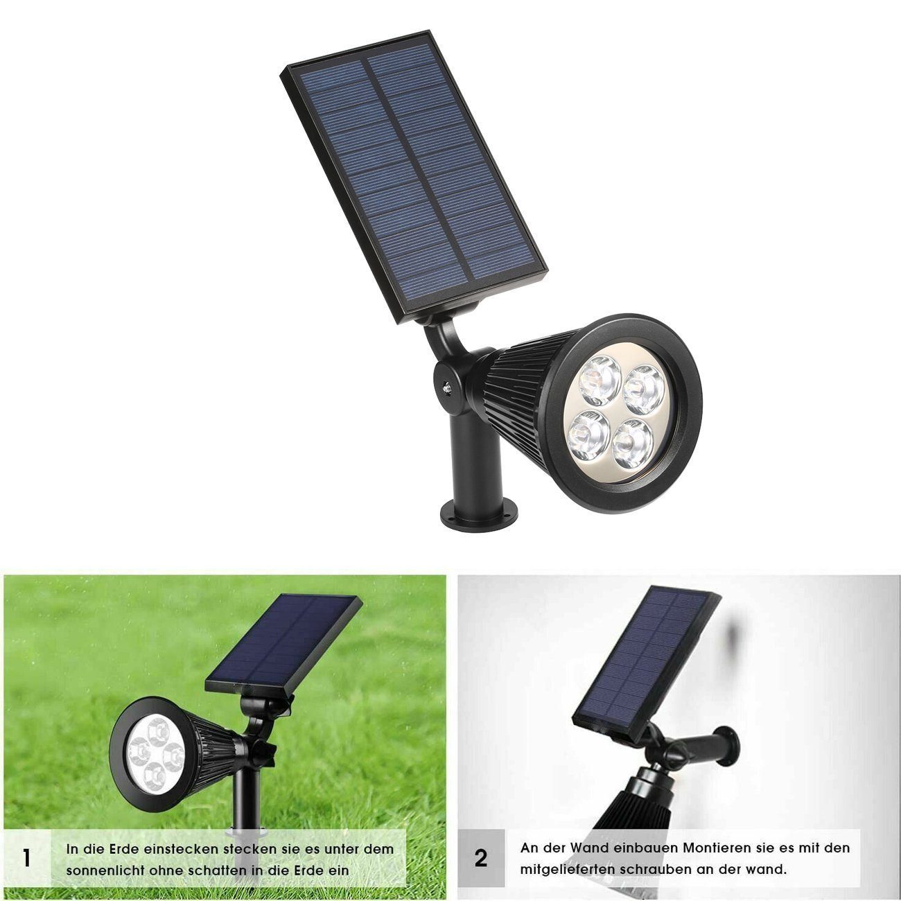 LETGOSPT LED Solarleuchte LED 4LED Automatisch LED Stücke Ein/Aus, Garage integriert, fest 2/4 Solarlampe Solarleuchte IP65 Hof, Gartenleuchte für 2 Wasserdicht, Kaltweiß Außen, Solar Stück Solarstrahler