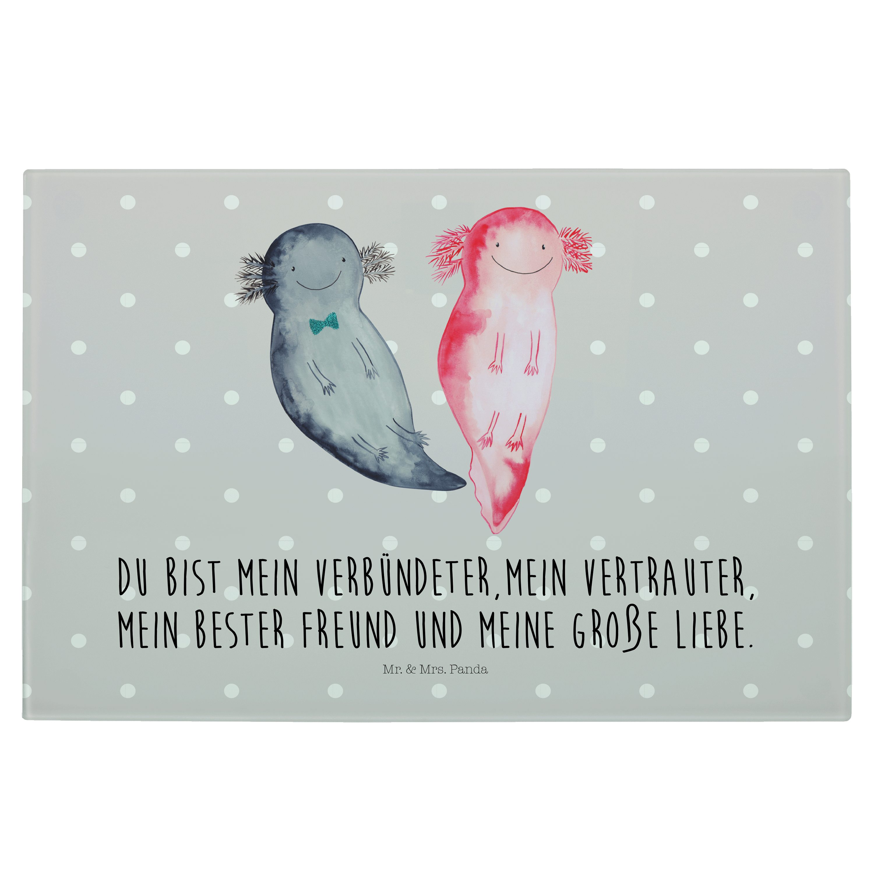 Mr. & Mrs. Panda Servierbrett Axolotl Axel+Lotte - Grau Pastell - Geschenk, Schneidebrett, große Li, Premium Glas, (1-St) | Servierbretter