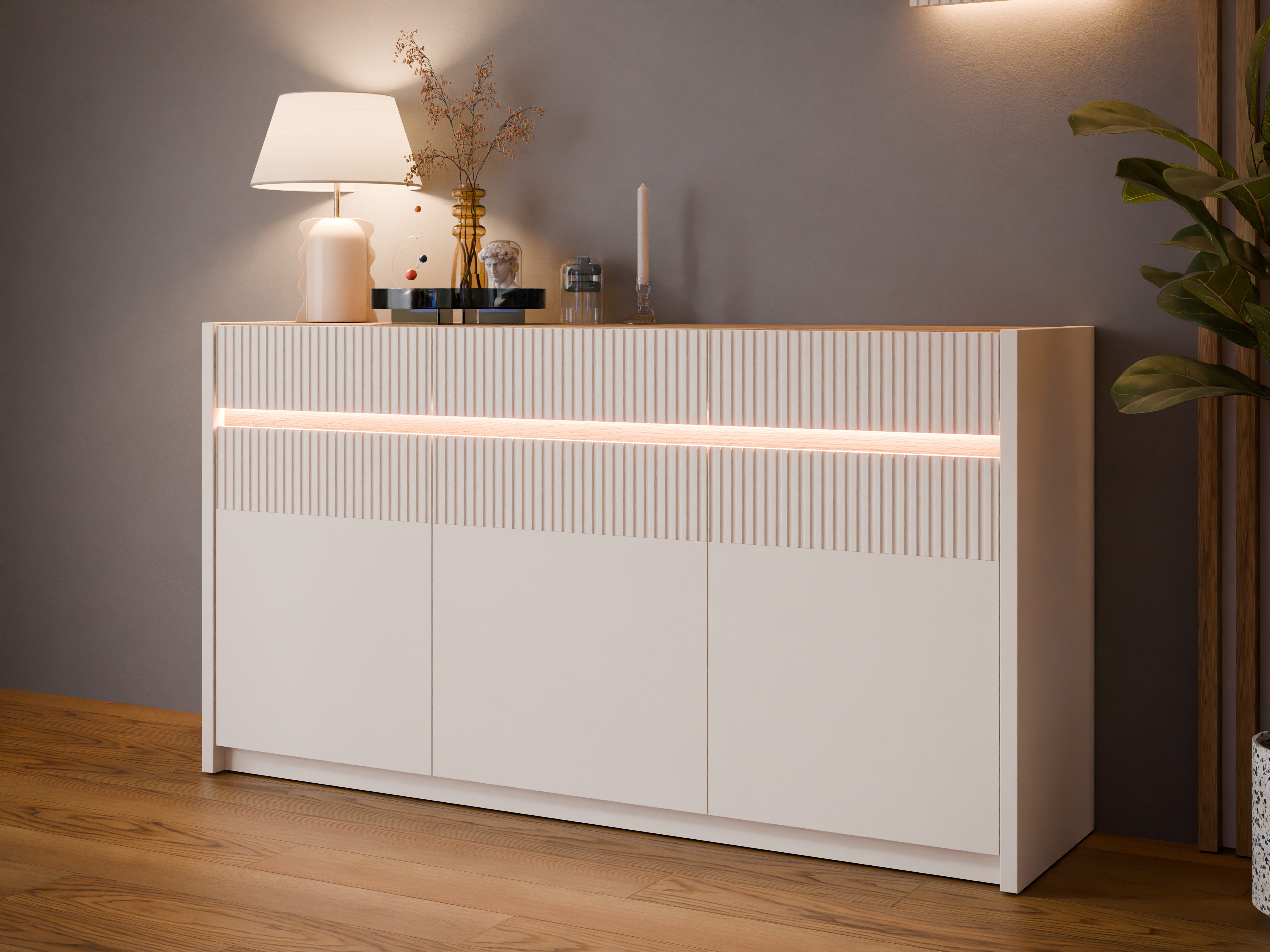 FORTE Sideboard Oak Squere Sideboard Soft Close, SK Vollauszug, B/H/T 160/85,9/41,5 cm Beleuchtung, Soft Close, Lamellenoptik
