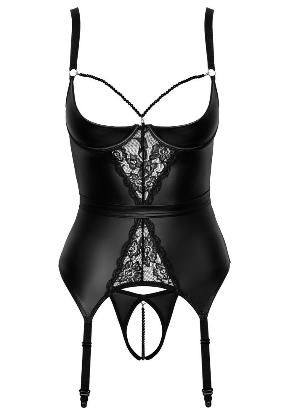 Abierta Fina Set: Bügel-BH Strapshemd & String ouvert Wetlook - schwarz (2-tlg) mit offenem Schritt und Cups